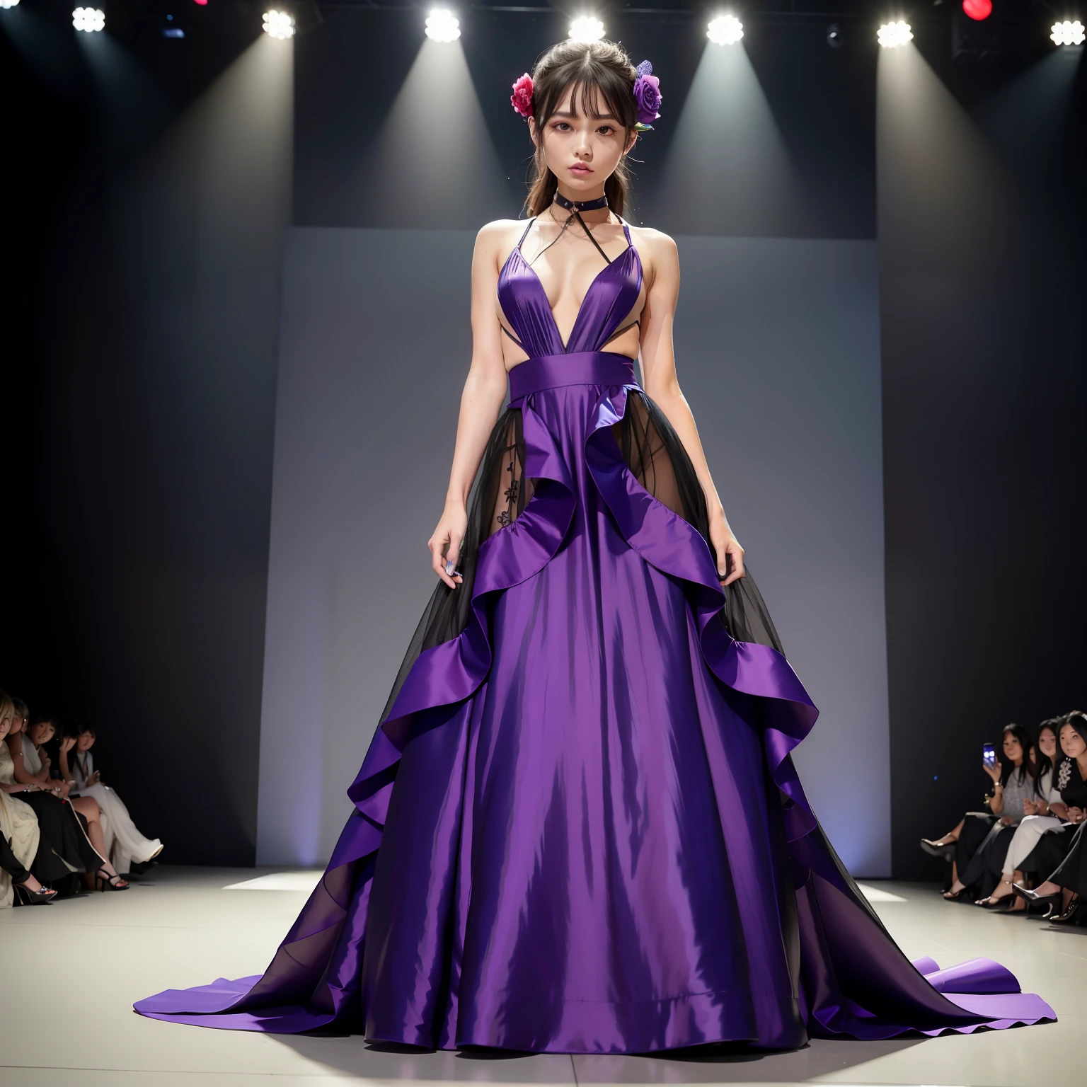 femele,18-20 years old,(digital model:Nanako Matsushima 1.8),(Thin bone face,s delicate face),com rosto detalhado,(Delicate Japanese makeup),Beautiful face,hyperdetailed face,Black colored eyes,(Look into the distance),Long hair micro-curls,(Windswept hair,Messy has layers),Flaming red lips,Fair smooth skin,(Best Skin Type:1.21),mediuml breasts,(Luxurious haute couture dresses,Purple dress,shift dresses,head gear,choker necklace,high-heels),((Outdoor catwalk,Tokyo fashion show,Kansai Hanakui Grand Prize),(neonlight,The audience in the audience,The model behind him,Various lights),Stage performances),masterpiece1.3,((Hasselblad photograp)),(Vista view of the catwalk,Full body photo),(The picture is subtle and elegant),8K分辨率, physically-based renderingt,Dynamic Angle,Dynamic pose,Floating feeling,动态照明,Exquisite stage details,详细的脸,The picture is pure,perfect hand,Perfect posture,Ultra-fine makeup,Ultra-fine clothing material