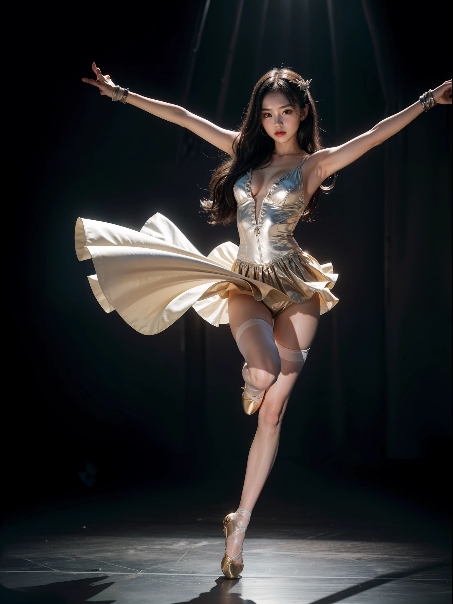 Splitting characters is prohibited，(Full body shot:1.3), Must show your face, anatomy correct, Dance ballet on top of the mountain,Stockings are mandatory, Ballet costumes of any color，Beige tones， A shallow laugh, Complex and diverse backgrounds，Strangling effect,hyper HD, Ray traching, structurally correct, Award-Awarded, high detal, lightand shade contrast, Face lighting，cinmatic lighting, tmasterpiece, super detailing, high high quality, high detal, best qualityer, 16k