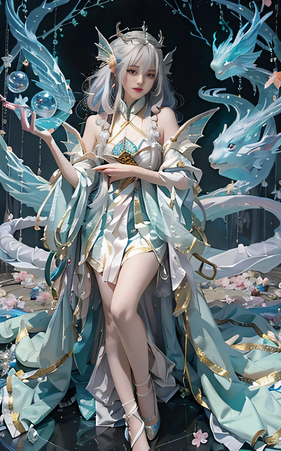 Close-up of women in costumes on stage, full body fairy, beautiful celestial mage, stunning young ethereal characters, beautiful fantasy queen, astral witch costume, Shaxi, flowing magic robe, white Hanfu, fairy fantasy, beauty Delfin, ethereal fantasy, elegant and charming cosplay, Hirase Jinyao, half lying on the ground, charming and colorful, very coquettish