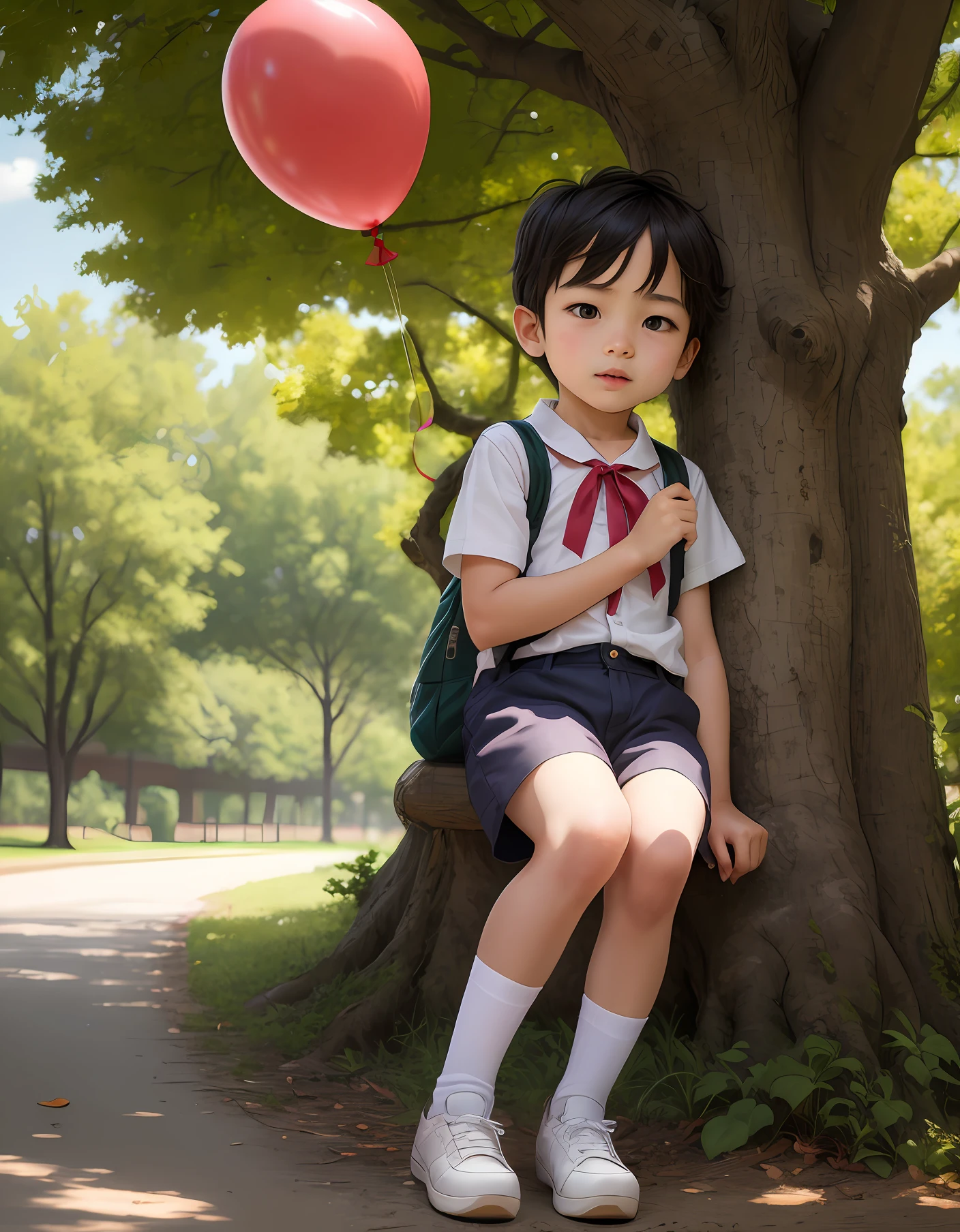 A under a tree holds a red balloon