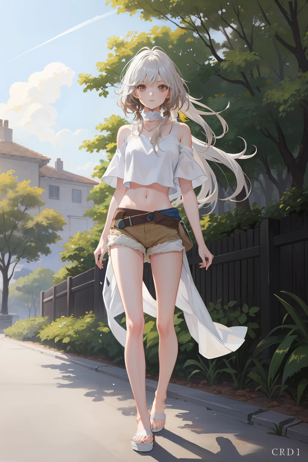 1 girl, Outdoors, Short white top, white panties, brown hair, long whitr hair, slippers, Slim, long leges, Silver hair, Long hair, En plein air, Chiaroscuro, hyper HD, ccurate, High details, Best quality