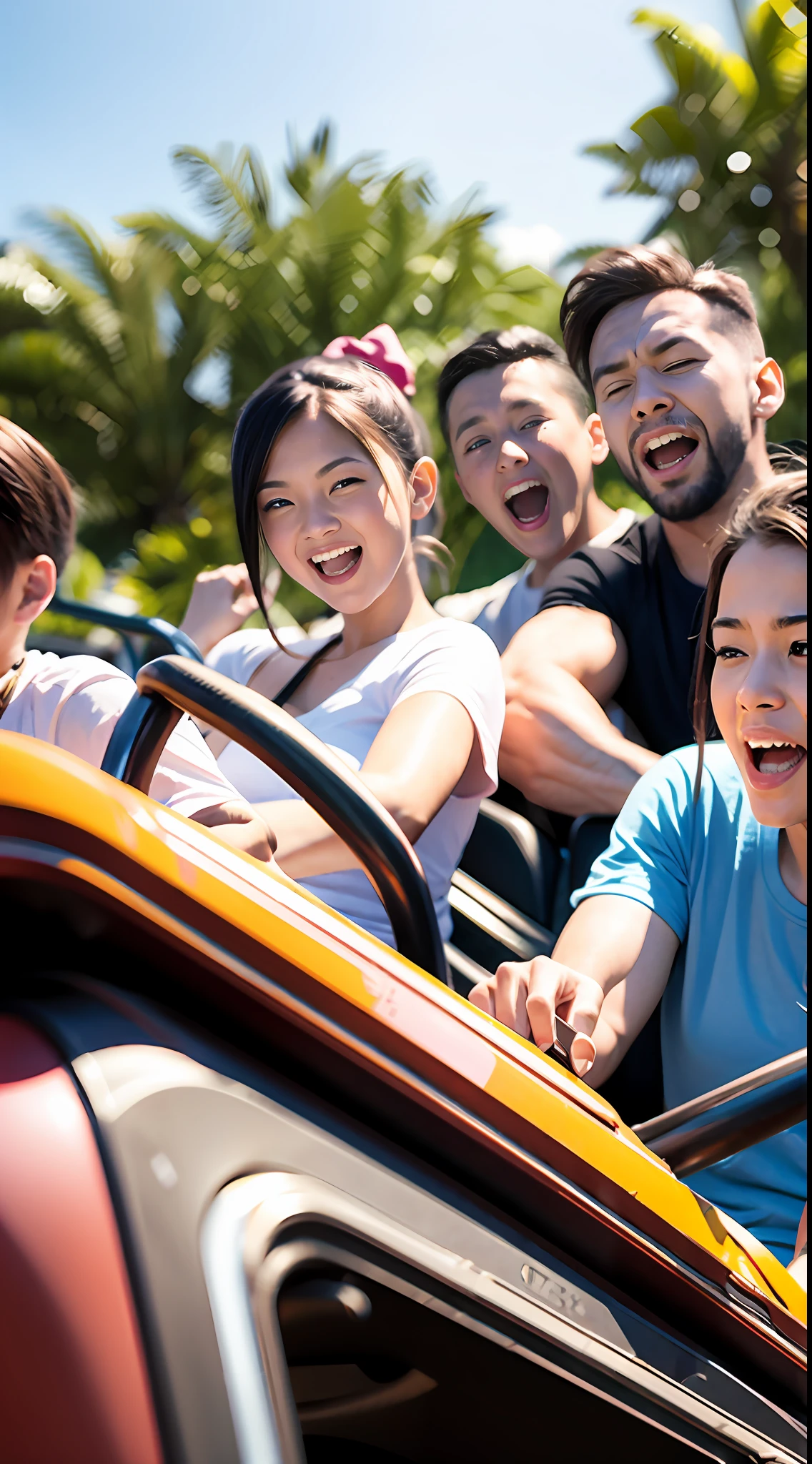 A dozen friends play roller coaster at a large amusement park