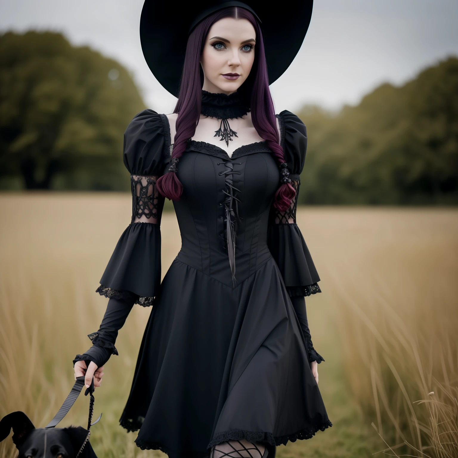 a close up of a person walking through a field with a dog, witchy clothing, fantasy photoshoot, 1 7 - - old h girl, wearing a gothic dress, amouranth, better known as amouranth, very beautiful elven top model, gothic horror vibes, gothic clothing, photo from a promo shoot, wearing modern gothic clothes, gothic outfit