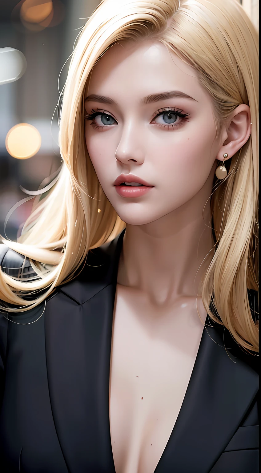woman, A fashion model, Wear a suit, Glamour, paparazzi taking pictures of her, Blonde hair, Brown eyes, 8K, High quality, Masterpiece, Best quality, HD, Extremely detailed, voluminetric lighting, Photorealistic