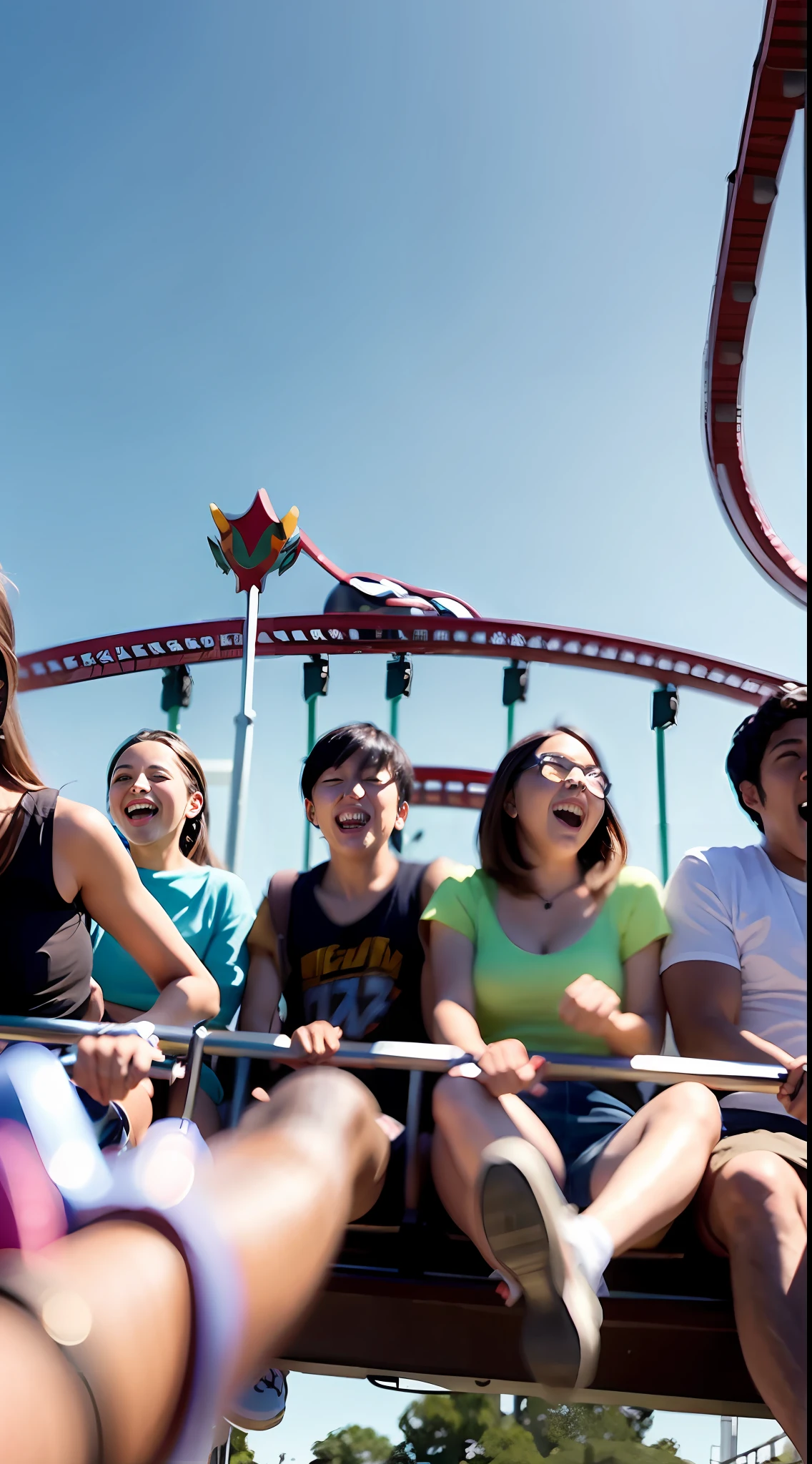 A dozen friends play roller coaster at a large amusement park