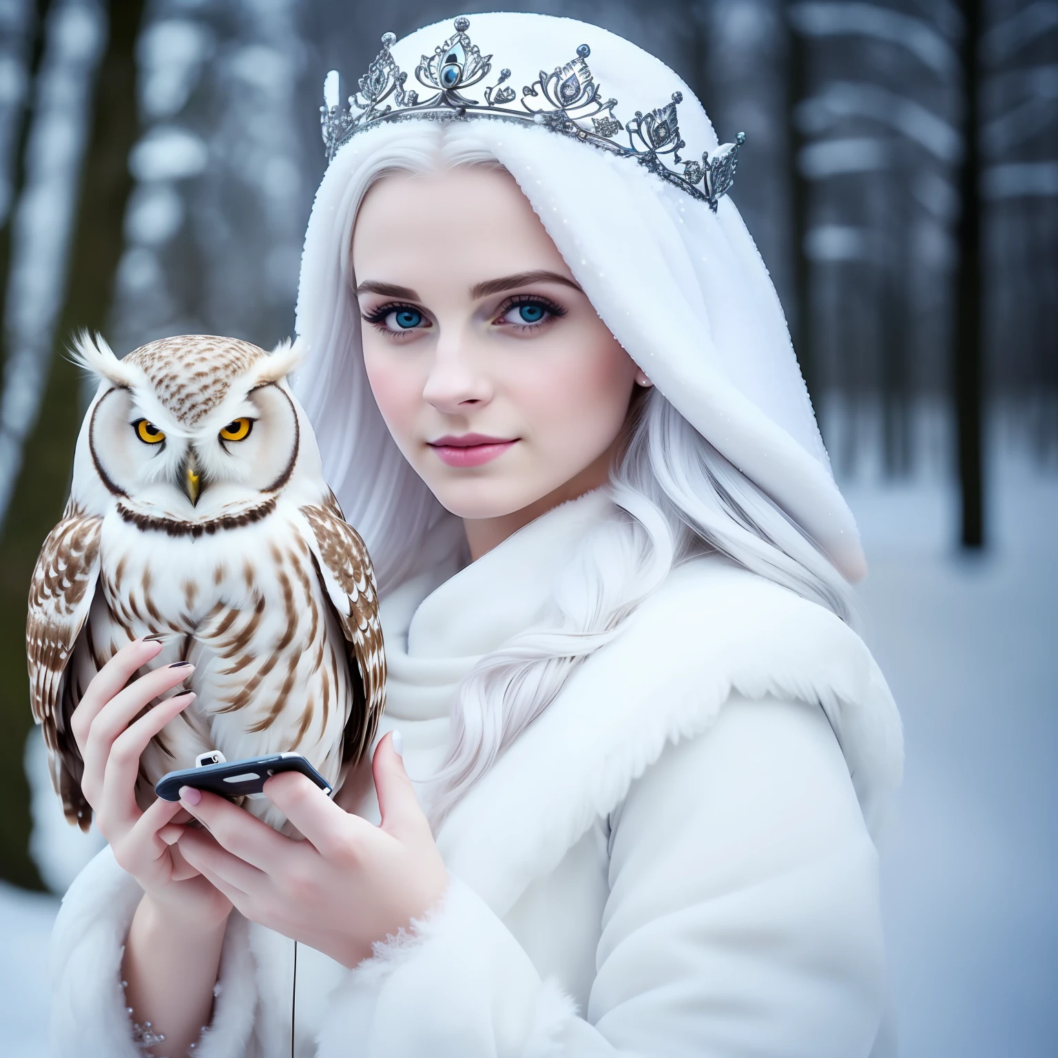 a close up of a person holding a owl on a cell phone, pale snow white skin, white witch, anna nikonova aka newmilky, with an owl on her shoulder, winter princess, 4k hd. snow white hair, beautiful animal pearl queen, karol bak of emma watson nun, owl crown, queen of winter, owl princess with crown