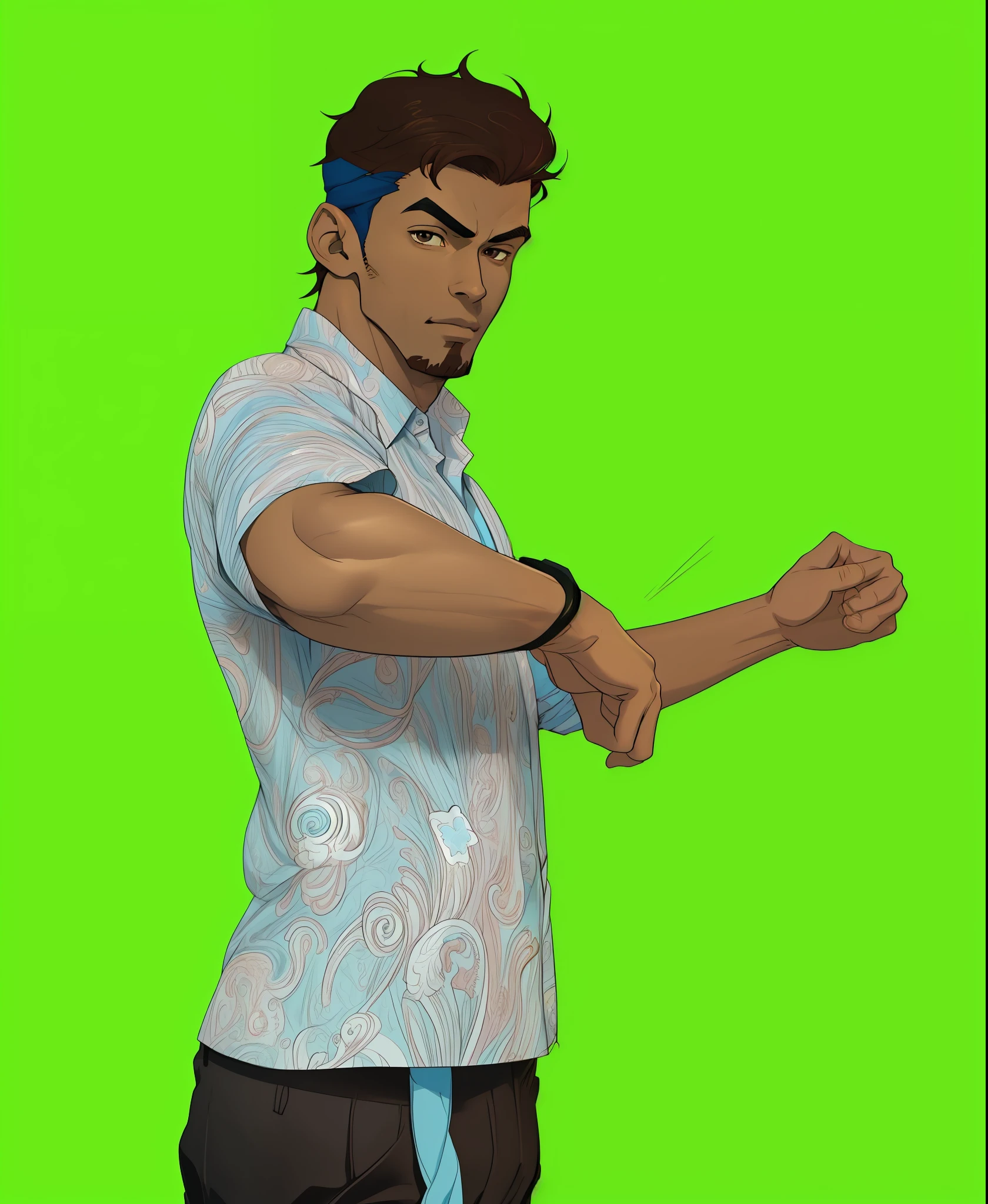 turn this man to cartoon style, brown skin, blue color shirt,handsome man