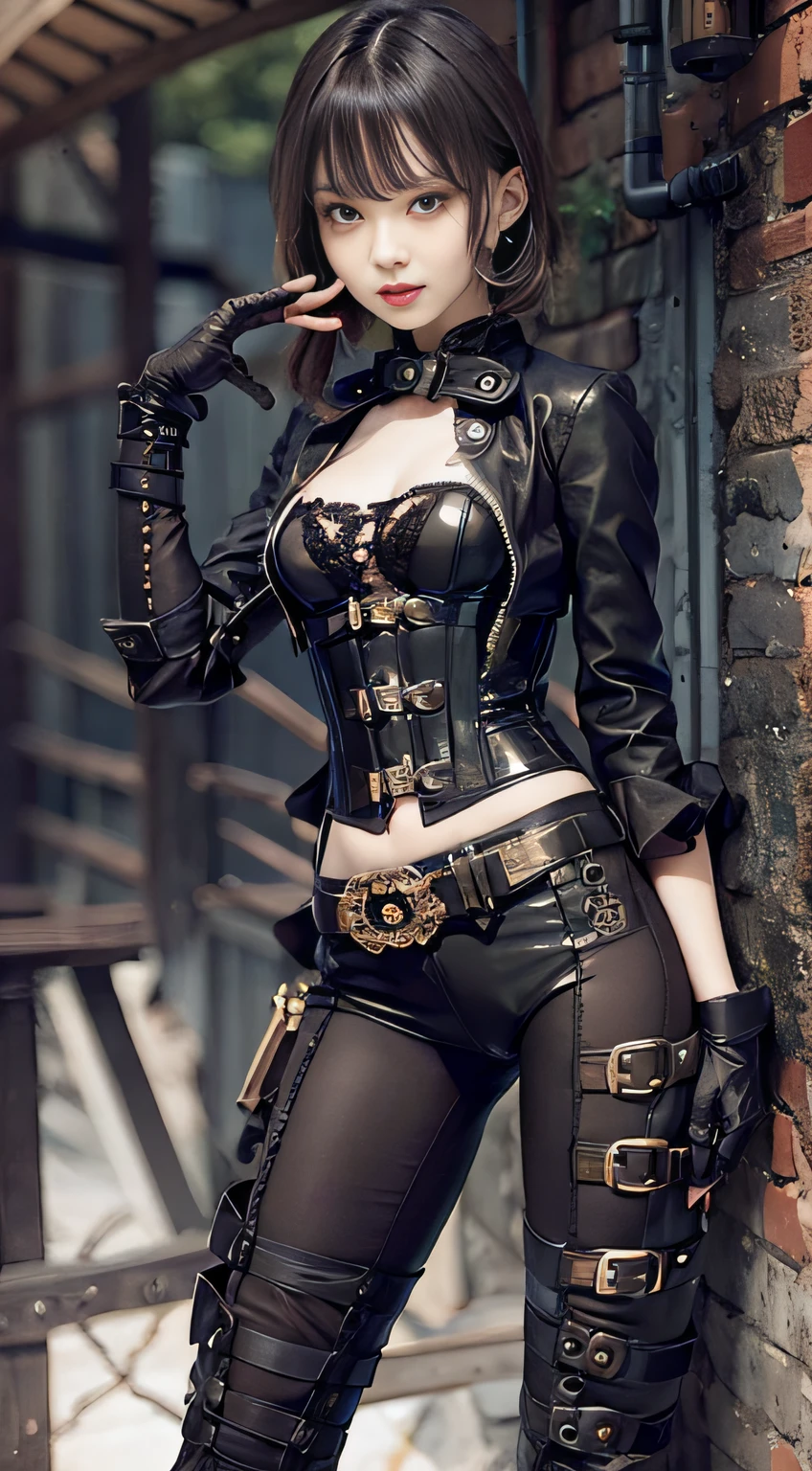 Woman in black catsuit posing in steampunk world, Leather corset, Wearing a black latex costume, captivating and enticing, corsets, wrapped in leather straps, very tight corset, very sexy costume, cruel korean goth girl, elegant corset, Wearing a latex costume, intricate wet latex suspenders, Latex, intricate latex set, Corset wearing, Sexy 21 year old cool Korean, Beautiful steampunk anime lady, a steampunk beautiful goddess, Jeizuo, magnifica, viewer, Realistis, Full body camera, on the lap, squatt, radical, tall, Forced real water, White Less Cloth Transparent Mini Shirt, White transparent thong, Low in the steampunk world, Very fine, Beautiful eyes with cosplay details, long eyelashes, Beautiful double eyelids, Eyeshadow is very fine, Narrow eyes, Three white eyes, Dark Eye Makeup, evil smile, Beautiful, thin legs, Tie short hair back, Goofy face, Rolling eyes, Blushing, Mouth watering, Sticky tongue, Vaginal orchid, Vaginal discharge, Squirting, (((Very small breasts))), Grasp your breasts with both hands, Spread legs, sexual excitement, Sex Expressions, Bare skin