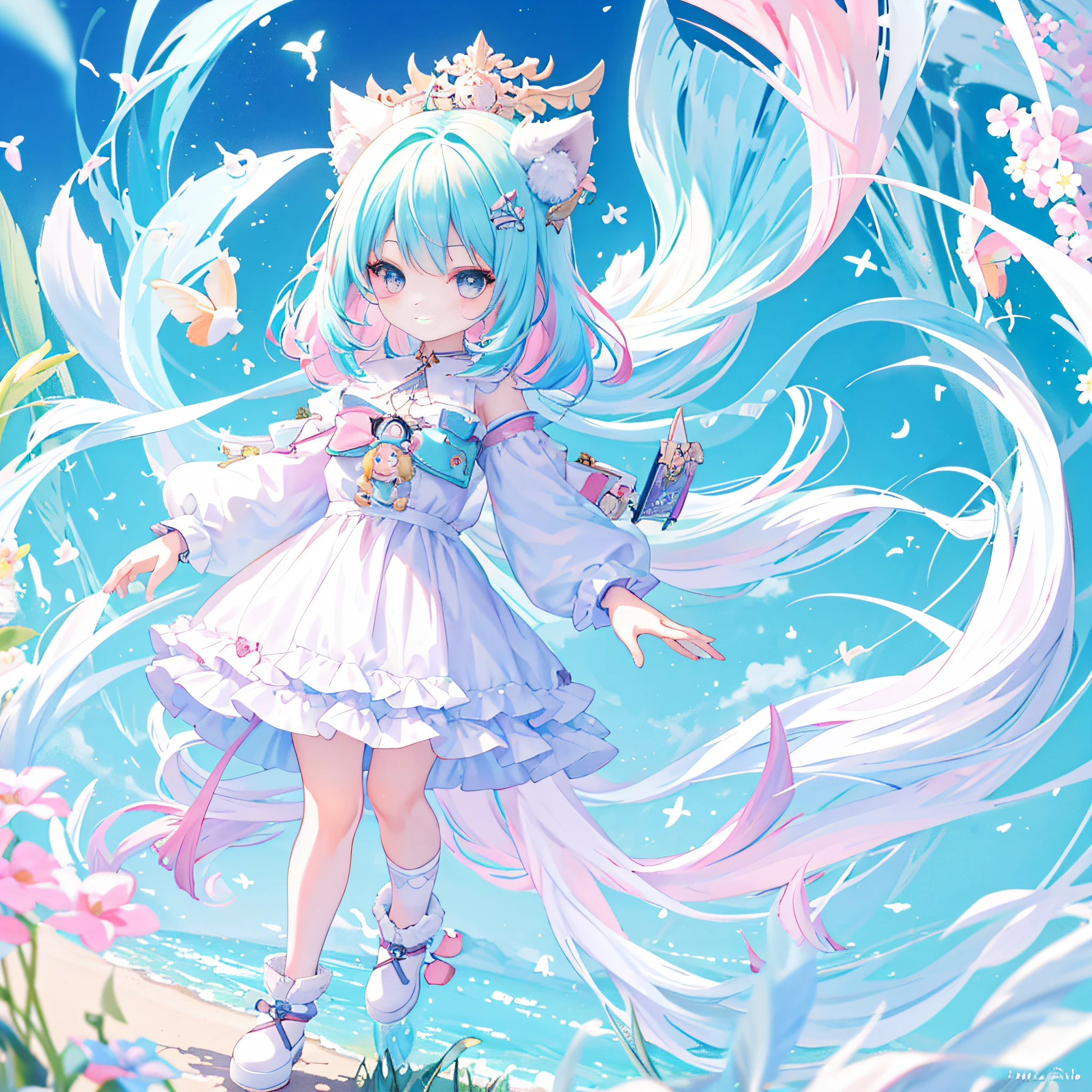 ((a sticker:1.5))), ((Chibi Character)), (white backgrounid), fluffly, girl with, Sorcerer's costume, full body Esbian, Pastel Hair, Pastel colors hair, fairytale, T-shirt design, tmasterpiece, best qualtiy,Shining eyes