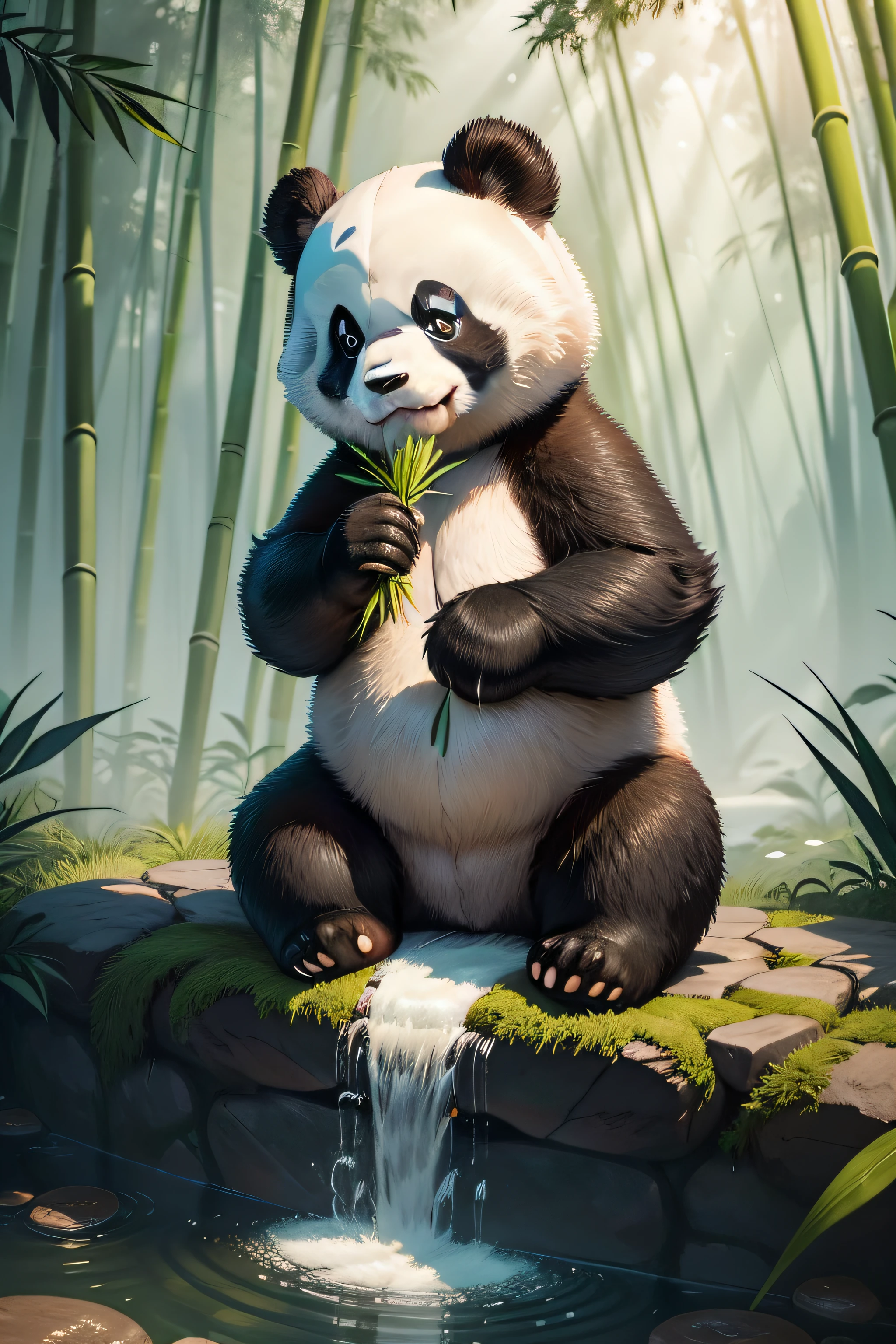 Prompt 1: A playful giant panda in a lush bamboo forest Description: In this image, a lively and adorable giant panda is seen frolicking in a vibrant bamboo forest. The panda is captured mid-motion, with its round black and white body gracefully navigating through the tall, green bamboo stalks. Rays of sunlight filter through the foliage, casting a warm and inviting glow on the scene. The panda's fluffy fur is immaculately white, accentuated by its iconic black eye patches and ears. Its eyes are bright and curious, radiating a sense of innocence and joy. The panda's playful expression reflects its carefree nature, captivating anyone who lays eyes on it.
Prompt 2: A serene giant panda peacefully munching on bamboo by a tranquil river Description: This image depicts a serene giant panda indulging in its favorite meal, bamboo, by the side of a calm and crystal-clear river. The panda is seated on a bed of lush green grass, surrounded by tall bamboo shoots. With a relaxed posture, it leans against a bamboo stem, its adorable face focused on the task at hand. The panda's black and white fur appears soft and fluffy, perfectly blending with the natural color palette of the environment. The gentle breeze ruffles its fur, creating a sense of movement. In the background, the river reflects the serene blue sky, adding to the overall tranquility of the scene.
Prompt 3: A curious giant panda cub exploring a colorful garden Description: This image showcases an inquisitive giant panda cub exploring a vibrant and colorful garden. The cub eagerly explores its surroundings, standing on its hind legs to get a better view. The garden is a delightful mix of blooming flowers in various hues, creating a visual feast for the eyes. The panda cub's fluffy fur is predominantly white, adorned with patches of black. Its round face is filled with curiosity as it leans forward to sniff a bright red flower. The garden is filled with the gentle buzz of bees and butterflies fluttering around, addin