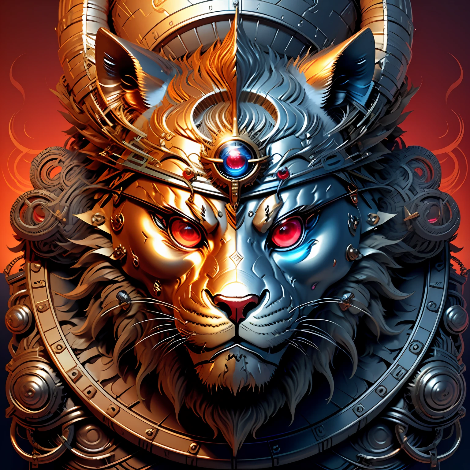 A w44p3n of a gold and silver lion medal made of a white background, blue & red eyes, magical orb