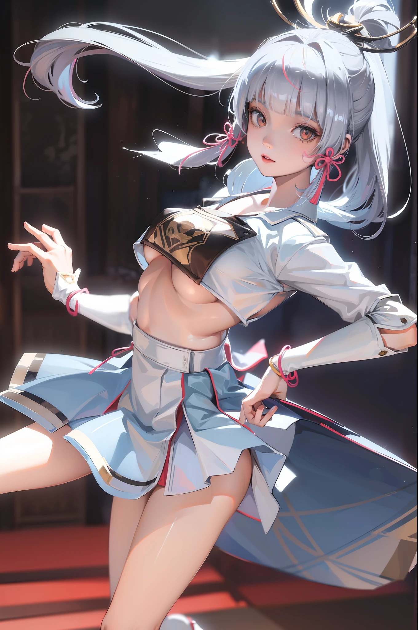 1girl, 独奏, White polo shirt, White sneakers, tennis wear, white mini-skirt, tmasterpiece, Best quality at best, realisticlying, ultra - detailed, (shiny skins, perspired:1.4), absurderes, looking at viewert, with short black hair, with brown eye, slenderness, Dynamic light and shadow, A high resolution, Sharp focus, depth of fields, The eyes are delicate, Sharp pupils, pupil realistic, (smallunderboob:1.6), (Thigh thick:1.0), exteriors, Skysky, reference sheet