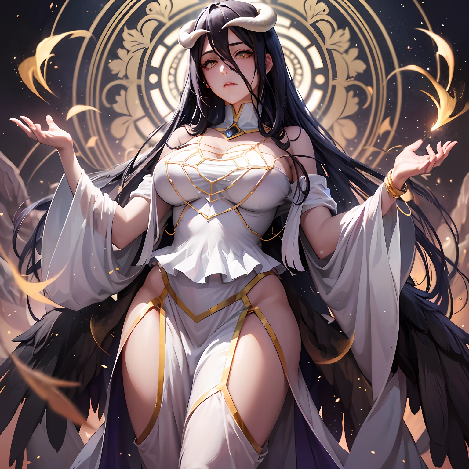 Albedo, one of the prominent characters in the anime and light novel series "Overlord," is a stunning and alluring presence in the Great Tomb of Nazarick. As the Overseer of the Floor Guardians, she serves as the loyal and devoted Guardian of the Throne, deeply devoted to her creator, Ainz Ooal Gown, the Supreme One. Her appearance is an embodiment of perfection, a captivating blend of beauty and elegance. Standing tall with an imposing aura, Albedo commands attention with her regal and dignified demeanor. Her physical attributes are flawlessly designed, making her a captivating figure in the world of Yggdrasil. With raven-black hair cascading down her back like a silken waterfall, Albedo exudes an air of enigmatic allure. Her hair is meticulously styled, adorned with a delicate silver crown that rests upon her forehead, symbolizing her elevated position as the Overseer. Albedo's entrancing crimson eyes hold a mesmerizing gaze that seems to pierce into the very depths of one's soul. They are filled with unwavering loyalty and devotion to Ainz Ooal Gown, reflecting her dedication as one of the Supreme Beings' most trusted followers. Her face is a symphony of perfection, with sharp and elegant features that exude both grace and authority. A slender, pointed pair of demon-like horns adorns her forehead, showcasing her non-human origins as a succubus, a creature of seduction and charm. Adorned in an exquisite white dress with intricate golden embroidery, Albedo's attire is a testament to her status as the Guardian of the Throne. The dress hugs her figure, accentuating her alluring curves and adding to her enigmatic allure. A flowing white cape trails behind her, adding an aura of mystique to her presence. Around her neck, Albedo wears a choker with a red jewel, symbolizing her absolute loyalty and love for Ainz Ooal Gown. Her long, slender fingers are adorned with delicate golden rings, signifying her elegance and meticulous attention to detail.