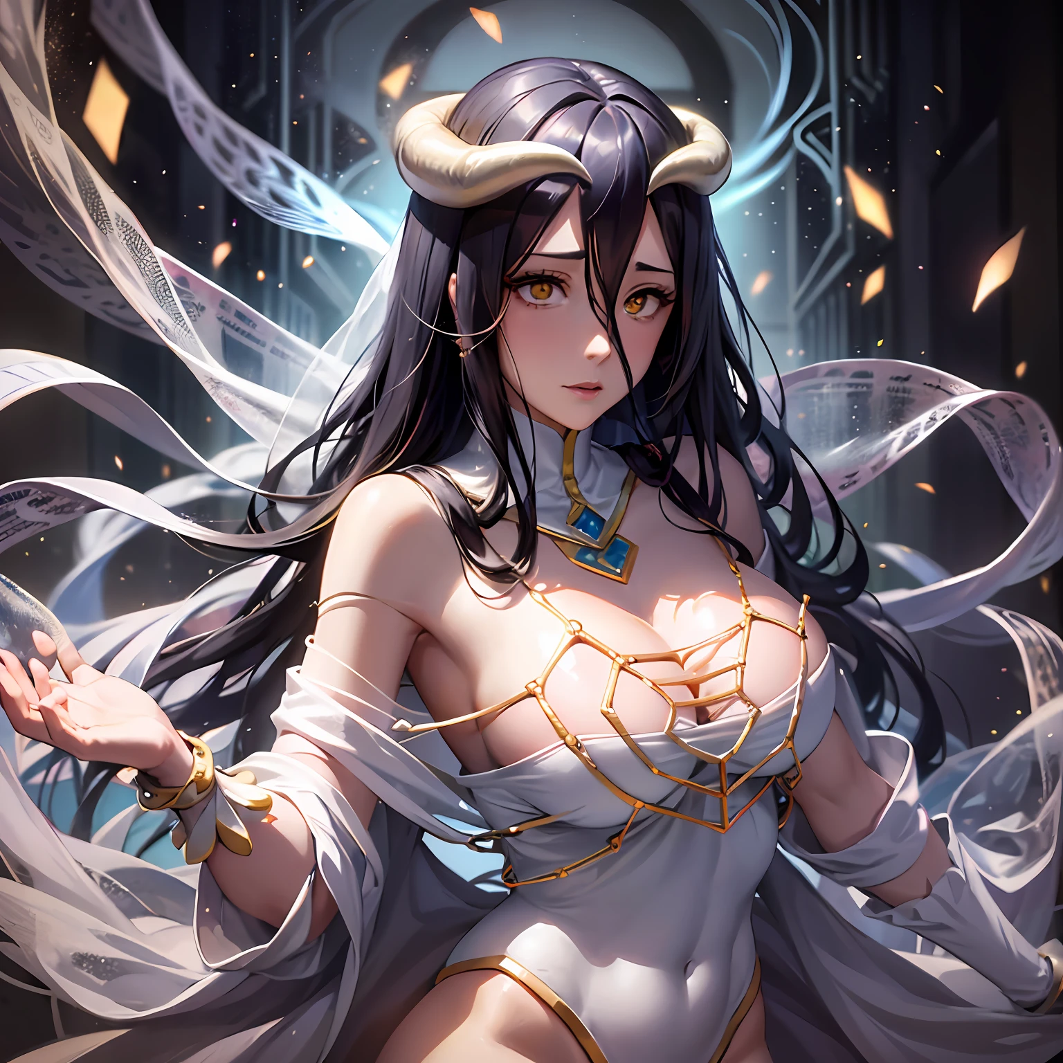Albedo, one of the prominent characters in the anime and light novel series "Overlord," is a stunning and alluring presence in the Great Tomb of Nazarick. As the Overseer of the Floor Guardians, she serves as the loyal and devoted Guardian of the Throne, deeply devoted to her creator, Ainz Ooal Gown, the Supreme One. Her appearance is an embodiment of perfection, a captivating blend of beauty and elegance. Standing tall with an imposing aura, Albedo commands attention with her regal and dignified demeanor. Her physical attributes are flawlessly designed, making her a captivating figure in the world of Yggdrasil. With raven-black hair cascading down her back like a silken waterfall, Albedo exudes an air of enigmatic allure. Her hair is meticulously styled, adorned with a delicate silver crown that rests upon her forehead, symbolizing her elevated position as the Overseer. Albedo's entrancing crimson eyes hold a mesmerizing gaze that seems to pierce into the very depths of one's soul. They are filled with unwavering loyalty and devotion to Ainz Ooal Gown, reflecting her dedication as one of the Supreme Beings' most trusted followers. Her face is a symphony of perfection, with sharp and elegant features that exude both grace and authority. A slender, pointed pair of demon-like horns adorns her forehead, showcasing her non-human origins as a succubus, a creature of seduction and charm. Adorned in an exquisite white dress with intricate golden embroidery, Albedo's attire is a testament to her status as the Guardian of the Throne. The dress hugs her figure, accentuating her alluring curves and adding to her enigmatic allure. A flowing white cape trails behind her, adding an aura of mystique to her presence. Around her neck, Albedo wears a choker with a red jewel, symbolizing her absolute loyalty and love for Ainz Ooal Gown. Her long, slender fingers are adorned with delicate golden rings, signifying her elegance and meticulous attention to detail.
