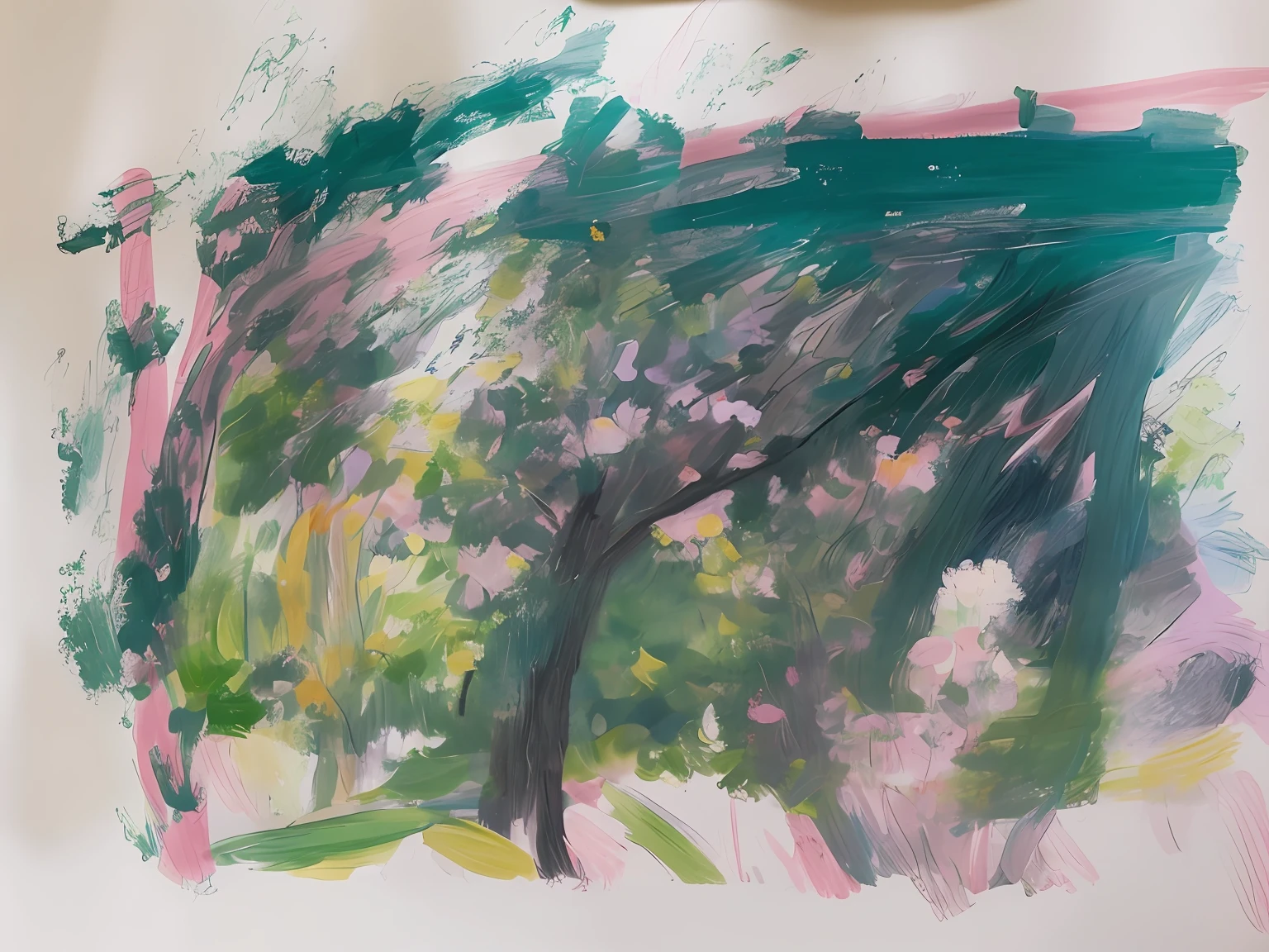 On a piece of paper is a drawing of a tree, inspired by Joan Snyder, Inspired by Berthe Morisot, expressive impressionist style, Inspired by Beauford Delaney, inspired by Cy Twombly, Inspired by Elaine de Kooning, inspired by Georg Baselitz, impressionistic brushwork, inspired by Sir Alfred Munnings