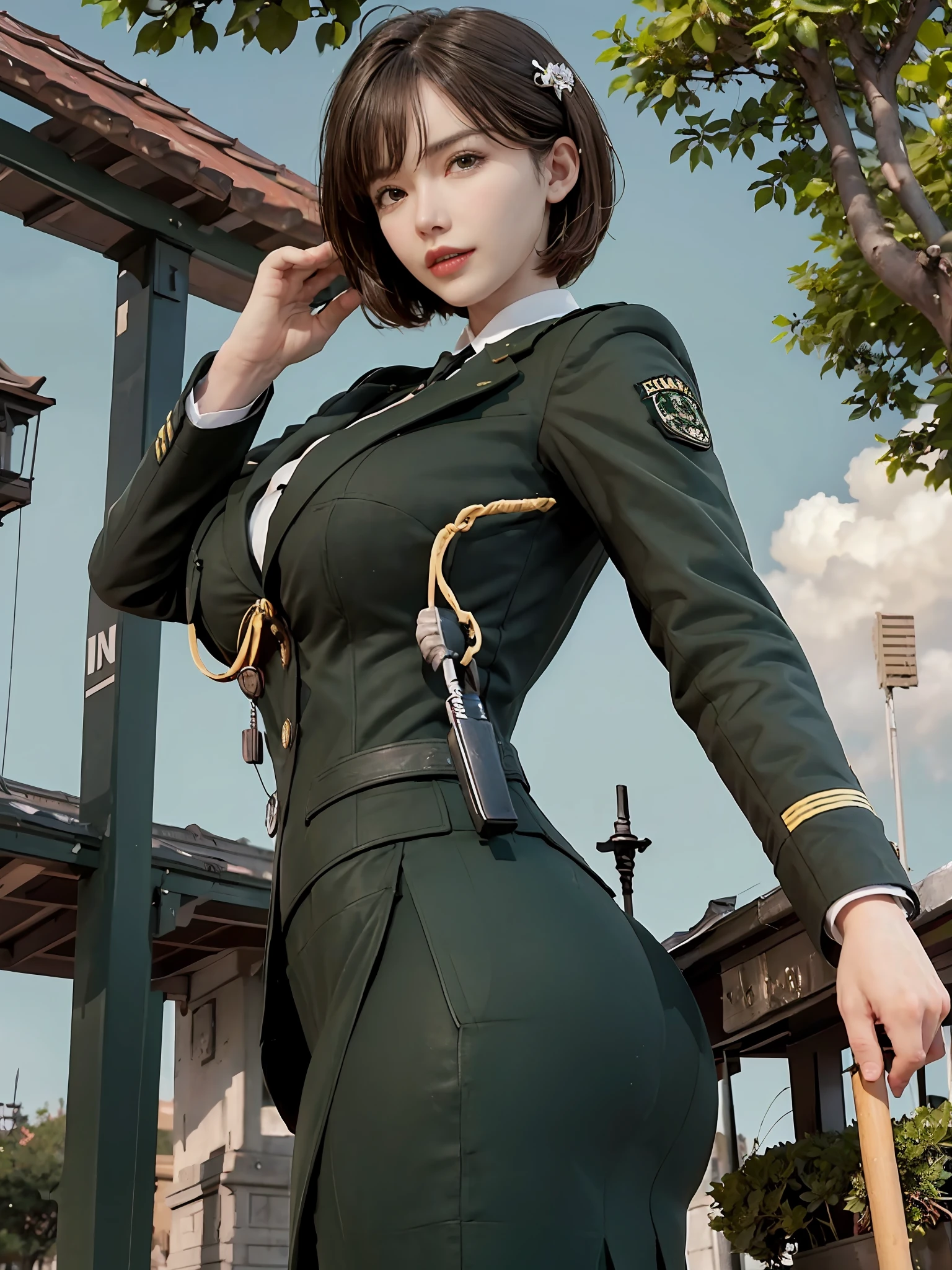 Very detailed CG unity 8K wallpaper，（tmasterpiece），（best qualtiy），（ultra - detailed），（Ultra photo realsisim），（best character detail：1.36），Nikon D750 f / 1.4 55mm，profesional lighting， physically-based renderingt, 1girll, army suit，Green military uniform，Fabric texture military uniform，Pure white lining，Dark green tie，Black hair，the golden ratio,[:(com rosto detalhado:1.2):0.2]:,PureErosFace_V1, broad shoulder,(Bigchest:1.5),(big assa:1.5)，(stick out buttocks:1.5)，Soaked with sweat，red flags，Splendid scenery，bright sun，Flag of China，A bright smile，White teeth，lighting，Contre-Jour，