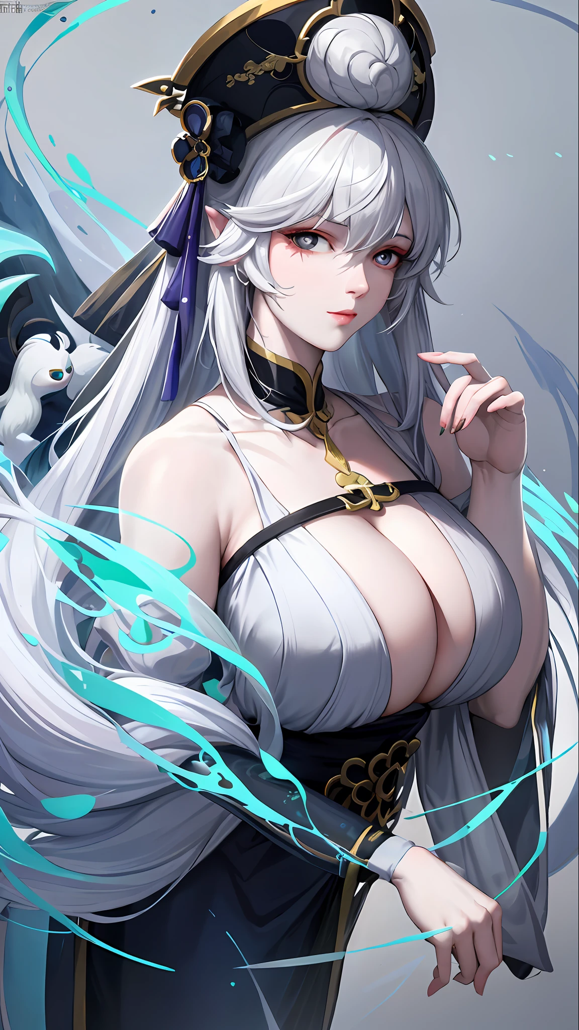 close-up of a woman with white hair and white mask，Belle peinture de personnage，Guviz，Guviz-style artwork，white-haired god，Yang J，Epic and beautiful character art，Stunning character art，FAN Qi，Wu Zhun Shifan，Guvitz at the Pixiv Art Station，Full，Exposed cleavage