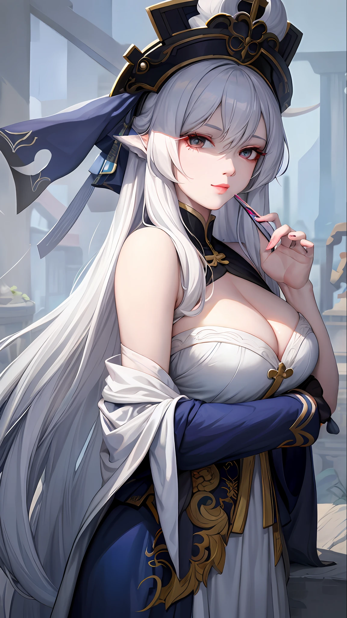 close-up of a woman with white hair and white mask，Belle peinture de personnage，Guviz，Guviz-style artwork，white-haired god，Yang J，Epic and beautiful character art，Stunning character art，FAN Qi，Wu Zhun Shifan，Guvitz at the Pixiv Art Station，Full，Exposed cleavage