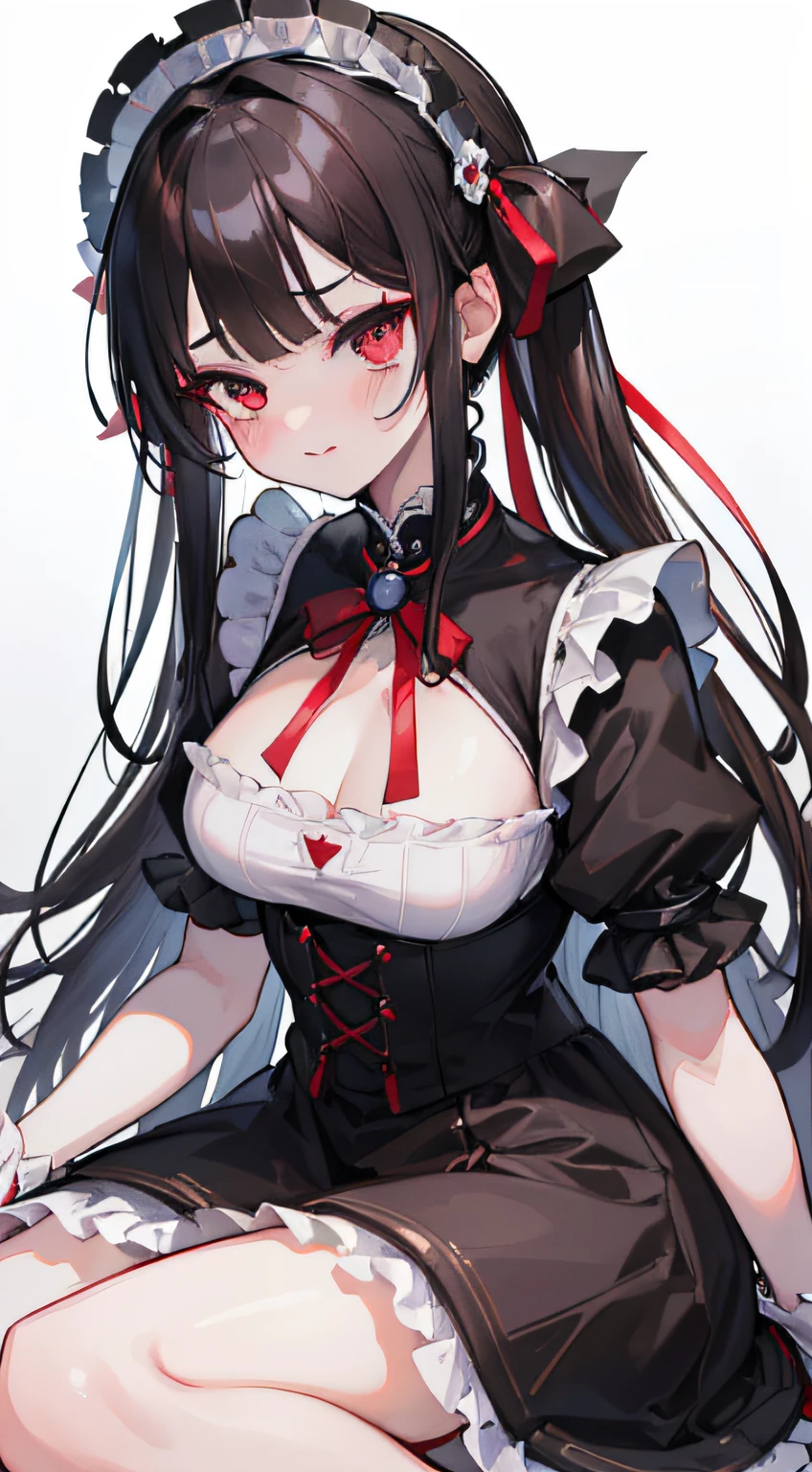 full bodyesbian、((top-quality、8K、masterpiece:1.3))Highly detailed facial and skin texture、full bodyesbian、Very delicate eyes、二重まぶた、de pele branca、length hair、(with round face:1.5)、A dark-haired、red eyes、Black Goth ta Dress、Hair Ribbon、Smiling