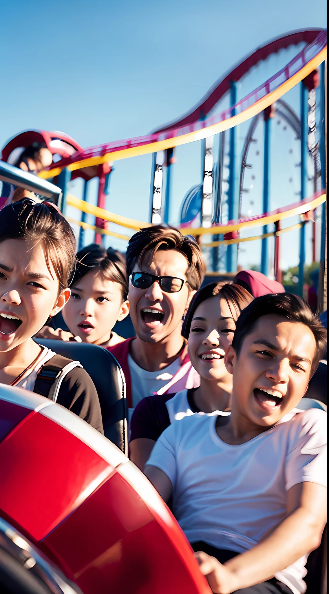 A dozen friends play roller coaster at a large amusement park