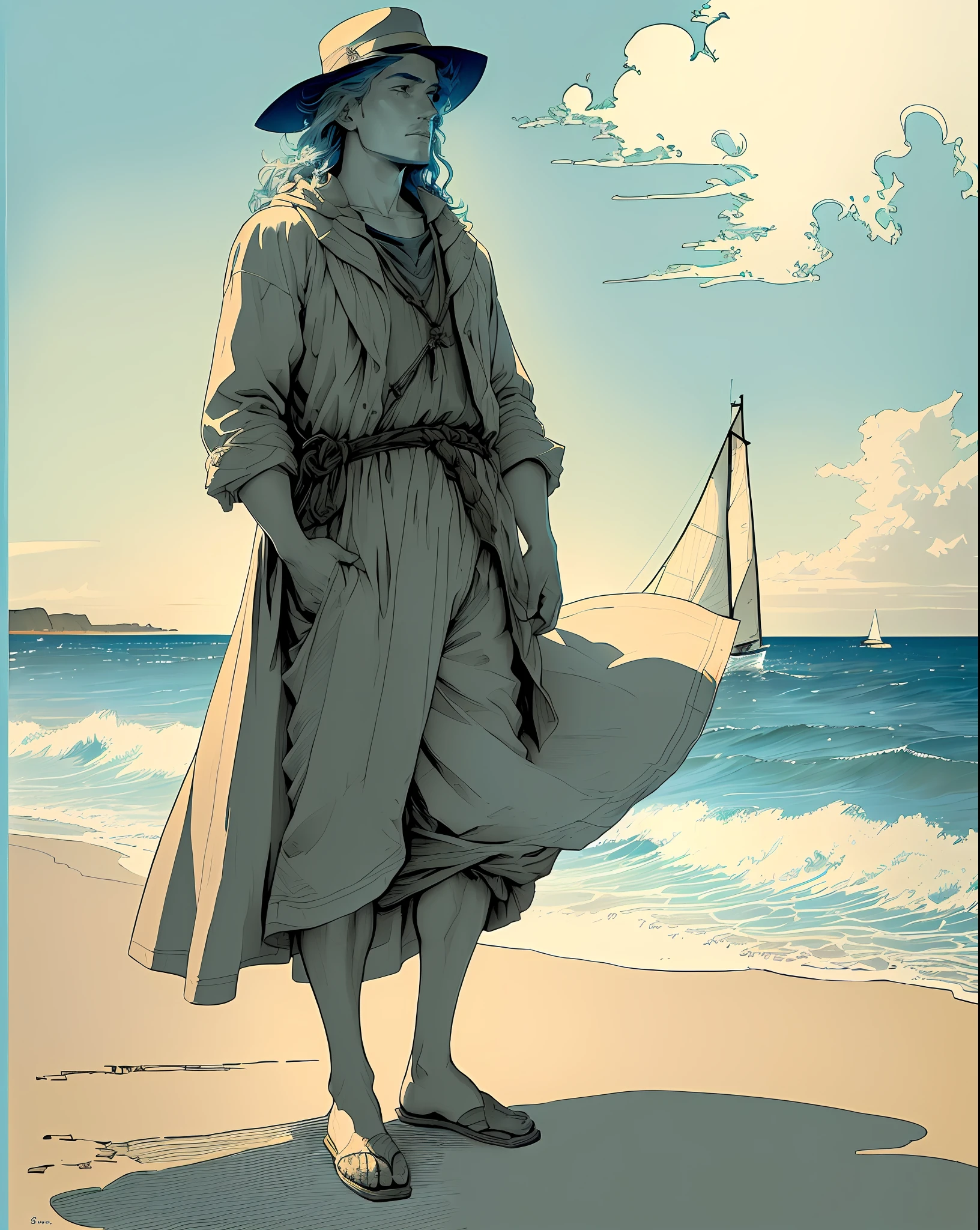 coloring pages of a man standing on the beach looking at a sailboat, inspired by N. C. Wyeth, inspired by N.C. Wyeth, inspired by Franklin Booth, full page illustration, inspired by Howard Pyle, looking out over the sea, inspired by Moebius, inspired by Mœbius, whole page illustration