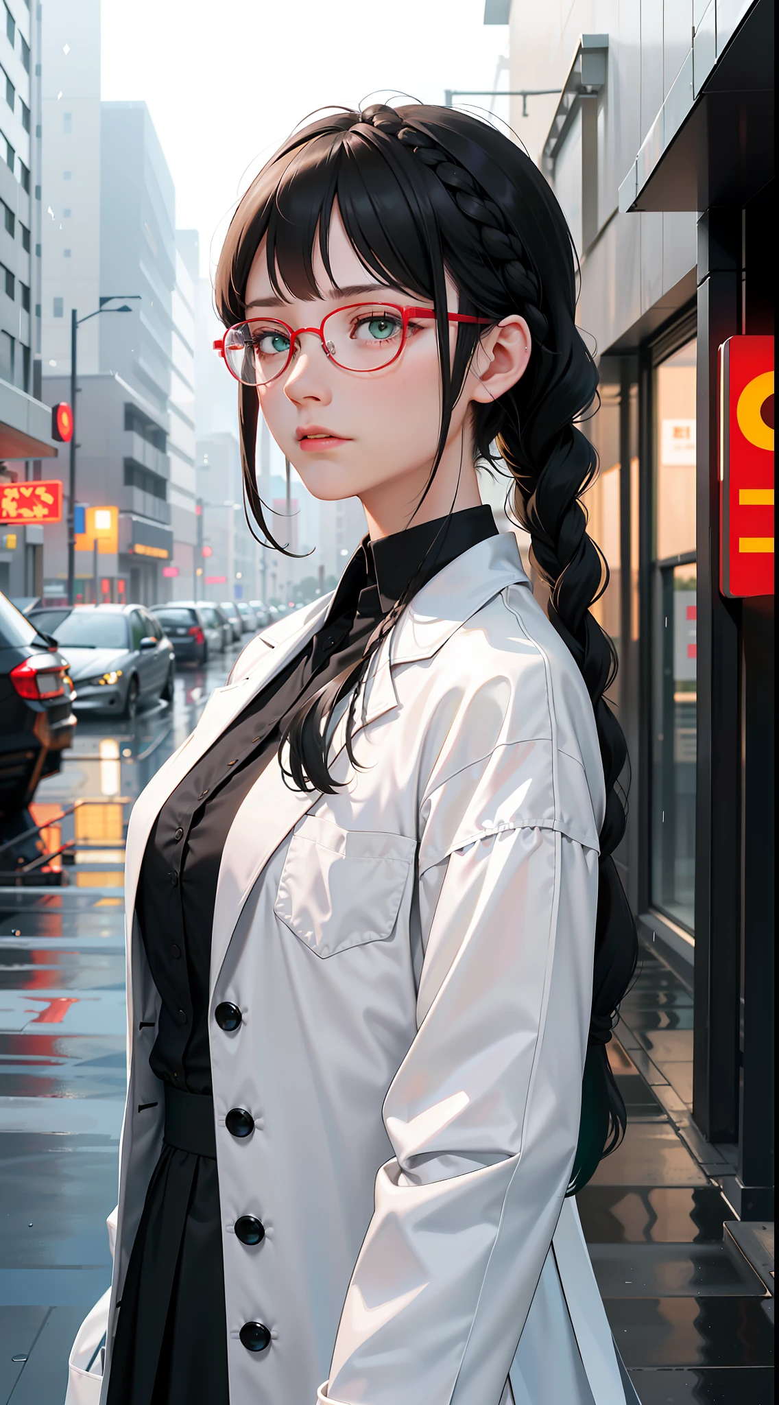 Maximum face detail,Remote view,((long hairstyle braid : 1.5)),(haughty face : 1.5),(Clear expression of emotions:1.4),Beautiful delicate face with details, Beautiful delicate eyes with details, Perfect face proportions, Highly fine surface, finely detailed skin, The best ratio of four fingers to one thumb.,master-piece,high-detail, lifelike,(Wear a white lab coat.: 1.8),scholar,Maximum face resolution,mature adult,(Black Hair,Short Black Hairstyle,Best pigtails,Wear red glasses.,Dark green eyes),Future World,science fiction,(Stand in the alleys of a high-tech city.:1.8,Ridiculous rain sky),Profoundly intelligent personality