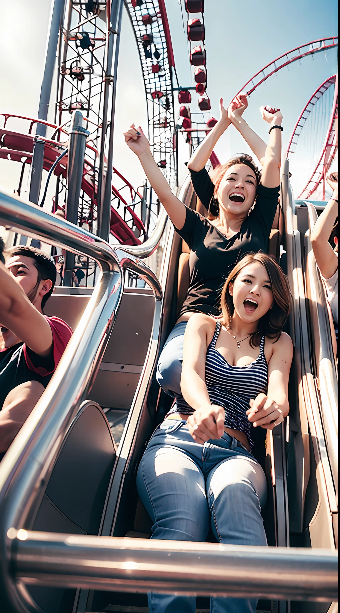 A dozen friends play roller coaster at a large amusement park