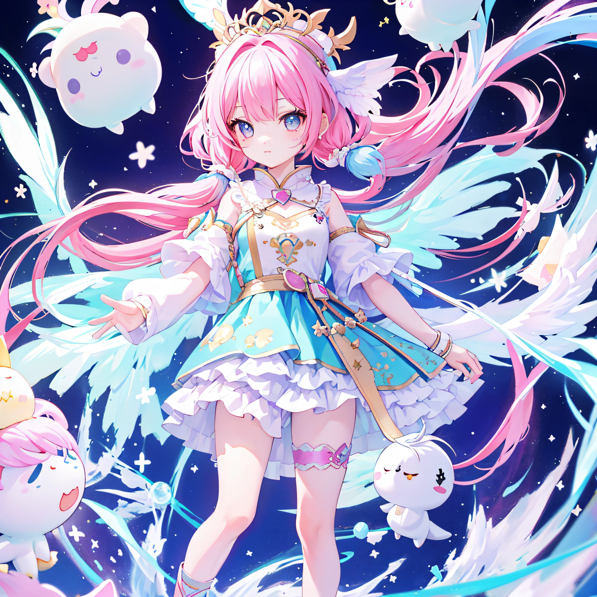 （（a sticker：1.5）））， （（Chibi Character））， （white backgrounid）， fluffly， girl with， Sorcerer's costume，  full body Esbian， Pastel Hair， Pastel colors hair， fairytale，  T-shirt design， tmasterpiece， best qualtiy，Shining eyes