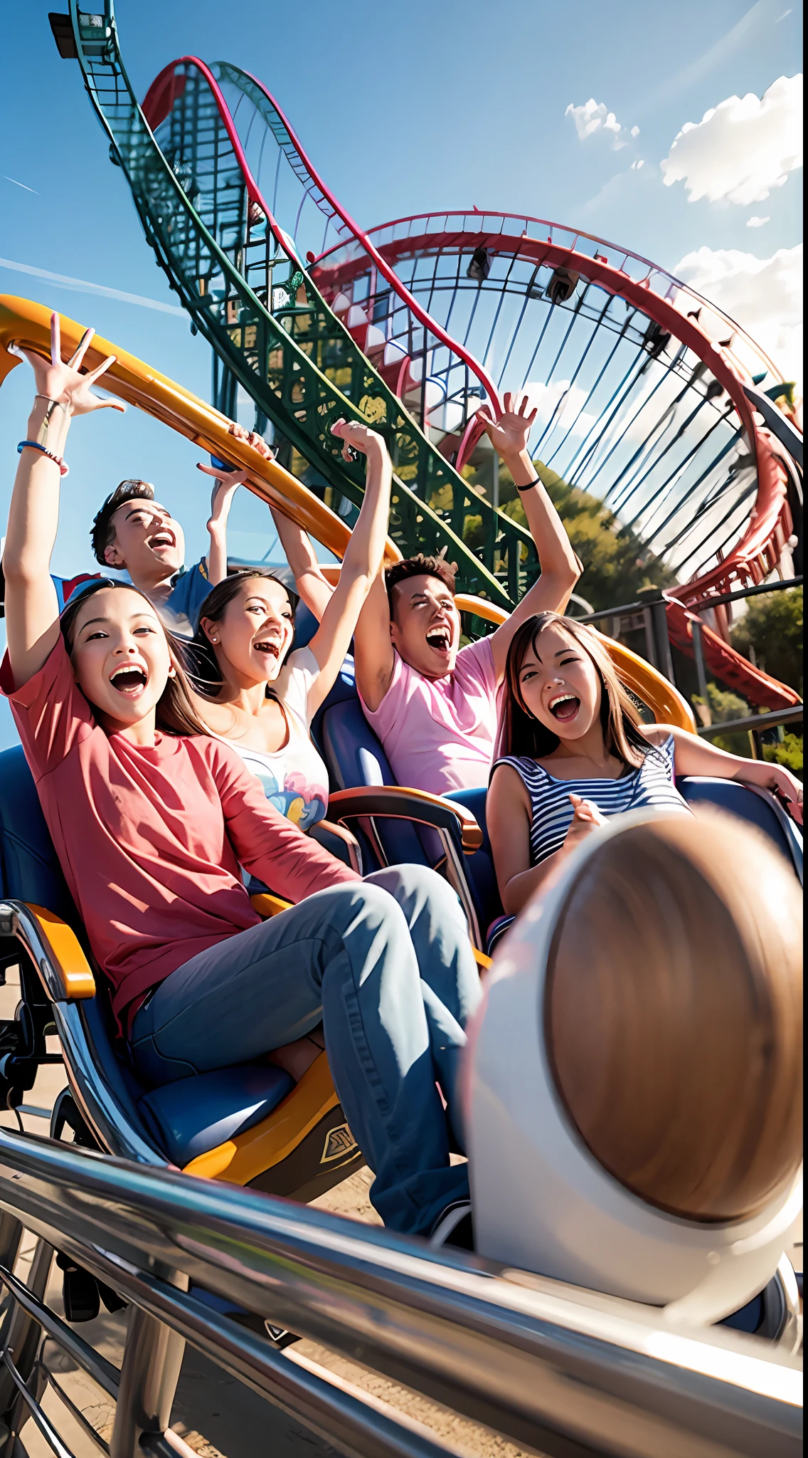 A dozen friends play roller coaster at a large amusement park
