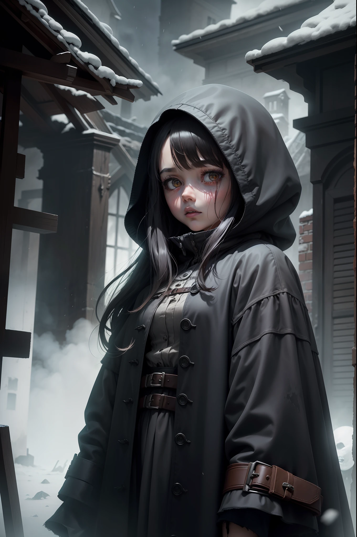 (very detailed background) A Poltergeist girl emerge, the dark sky could not hide the hidden mysteries that surrounded that ghost like being, cold and somber, wearing a grey coat, madness and terror was apparent. The outside sky dipped with red likeness painting that could very mean the end of peace. The eerie atmosphere provided a shadowy and mystifying power that made blood boil. Bane, horror, Obscure houses and tower behind the scene,