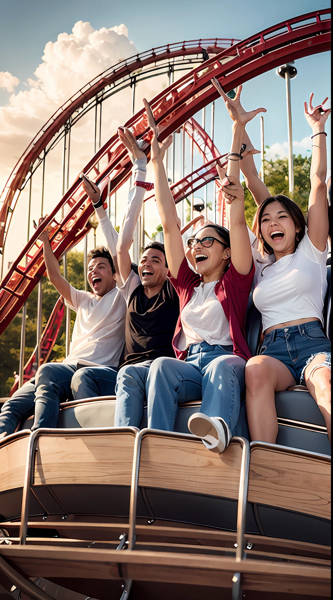 A dozen friends play roller coaster at a large amusement park