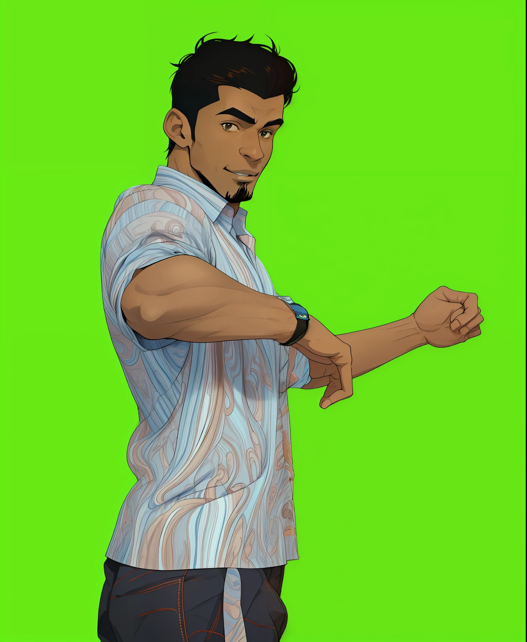 turn this man to cartoon style, brown skin, blue color shirt,handsome man