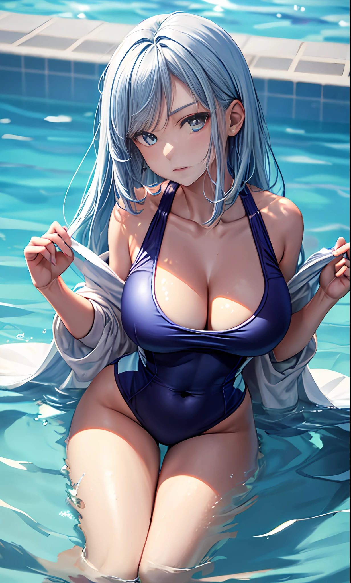 tmasterpiece，best qualtiy，ultra - detailed，8k wallpaper，1girll， light blue  hair， light blue  eyes， nabel，looking at viewert， 比基尼， groin，pool， Exposes the upper part of the breast，Very long hair，White breasts，(cleavage)  ，plumw，Pale skin，Wide buttock，face expressionless，Serious，Mature and sexy，Be red in the face，Blue-white tones，ice element，Mature posture
(Expose the upper chest，swimming uniform，sandbeach)
The large\（BodyProportions\），