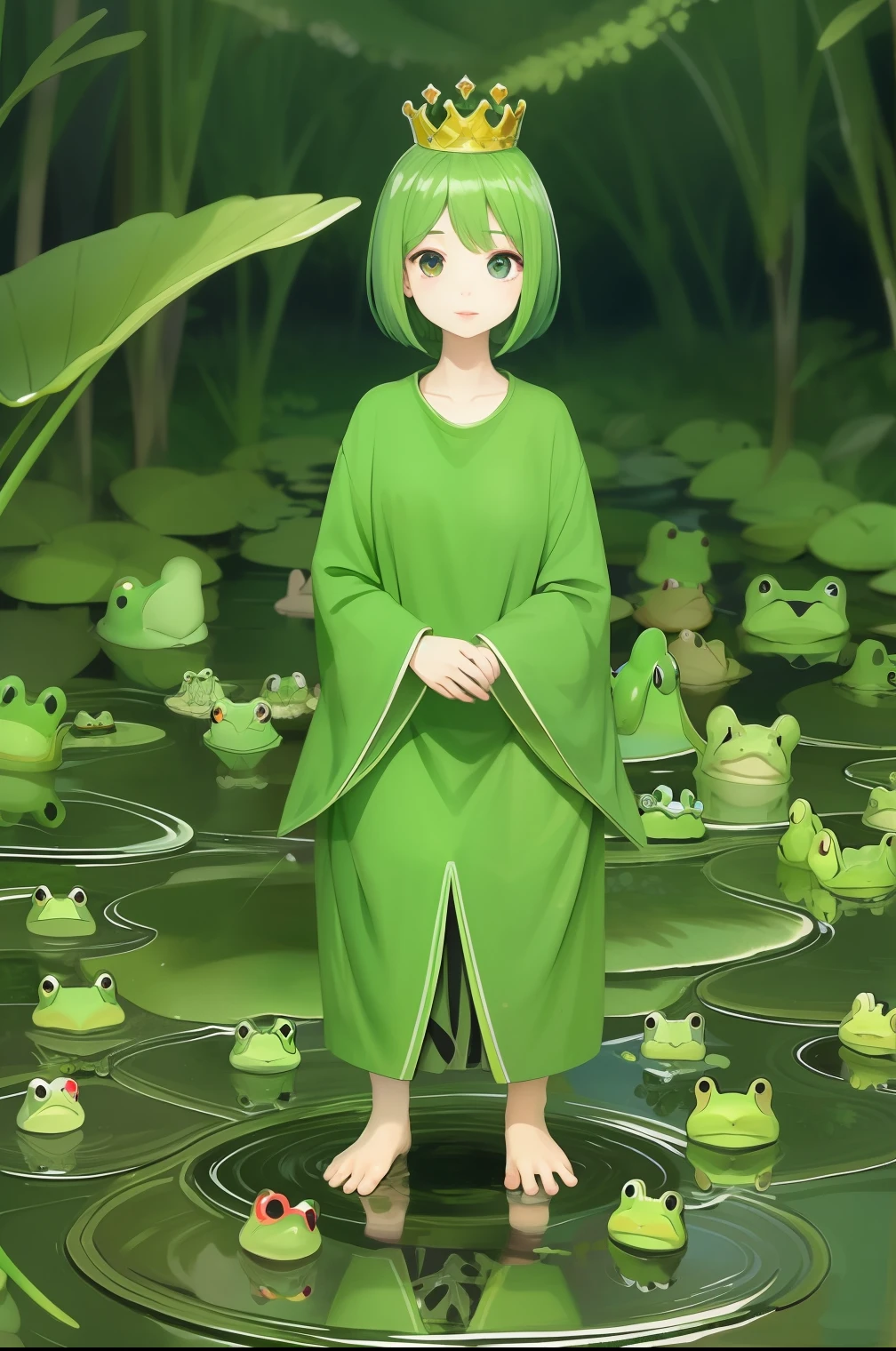 A huge number of frogs、A lot of frogs、puddles、Green Hair Girl、Wearing a crown