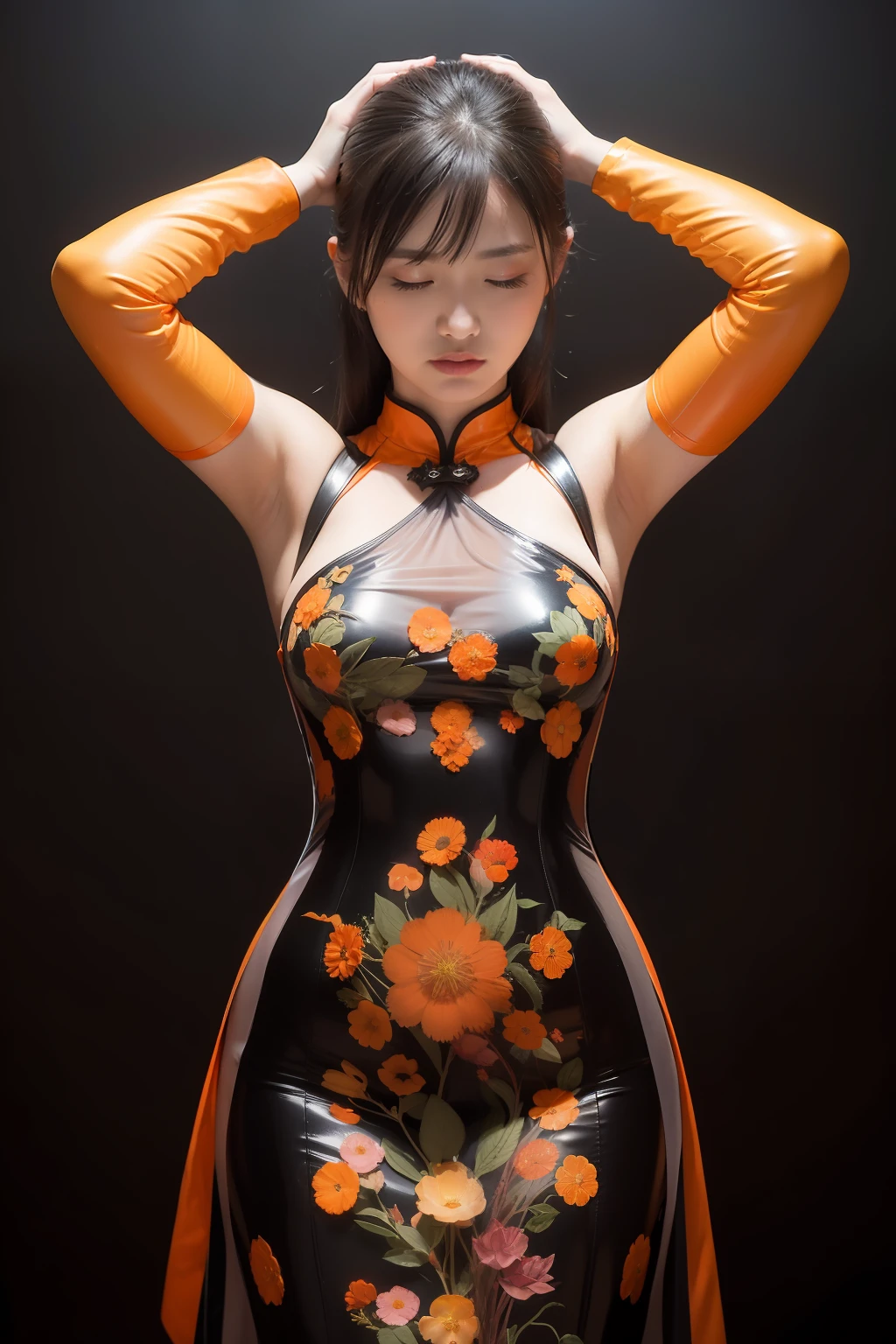 nsfw, woman, latex dress, colorful, dark background, flowery stainedglass armor, red stainedglass theme, exposure blend, medium shot, bokeh, (hdr:1.4), high contrast, (cinematic, white and orange), (muted colors, dim colors, soothing tones:1.3), low saturation,qipao, hands behind head, both hands behind head, fullbody, hands behind head