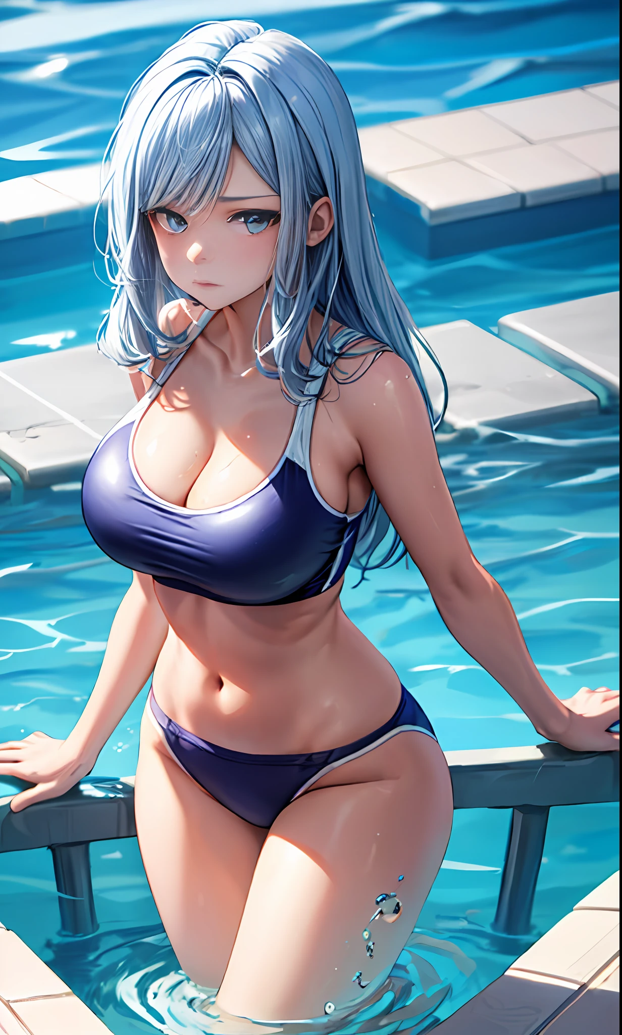 tmasterpiece,best qualtiy,ultra - detailed,8k wallpaper,1girll, light blue hair, light blue eyes, nabel,looking at viewert, 比基尼, groin,pool, Exposes the upper part of the breast,Very long hair,White breasts,(cleavage) ,plumw,Pale skin,Wide buttock,face expressionless,Serious,Mature and sexy,Be red in the face,Blue-white tones,ice element,Mature posture
(Expose the upper chest,swimming uniform,sandbeach)
The large\(BodyProportions\),