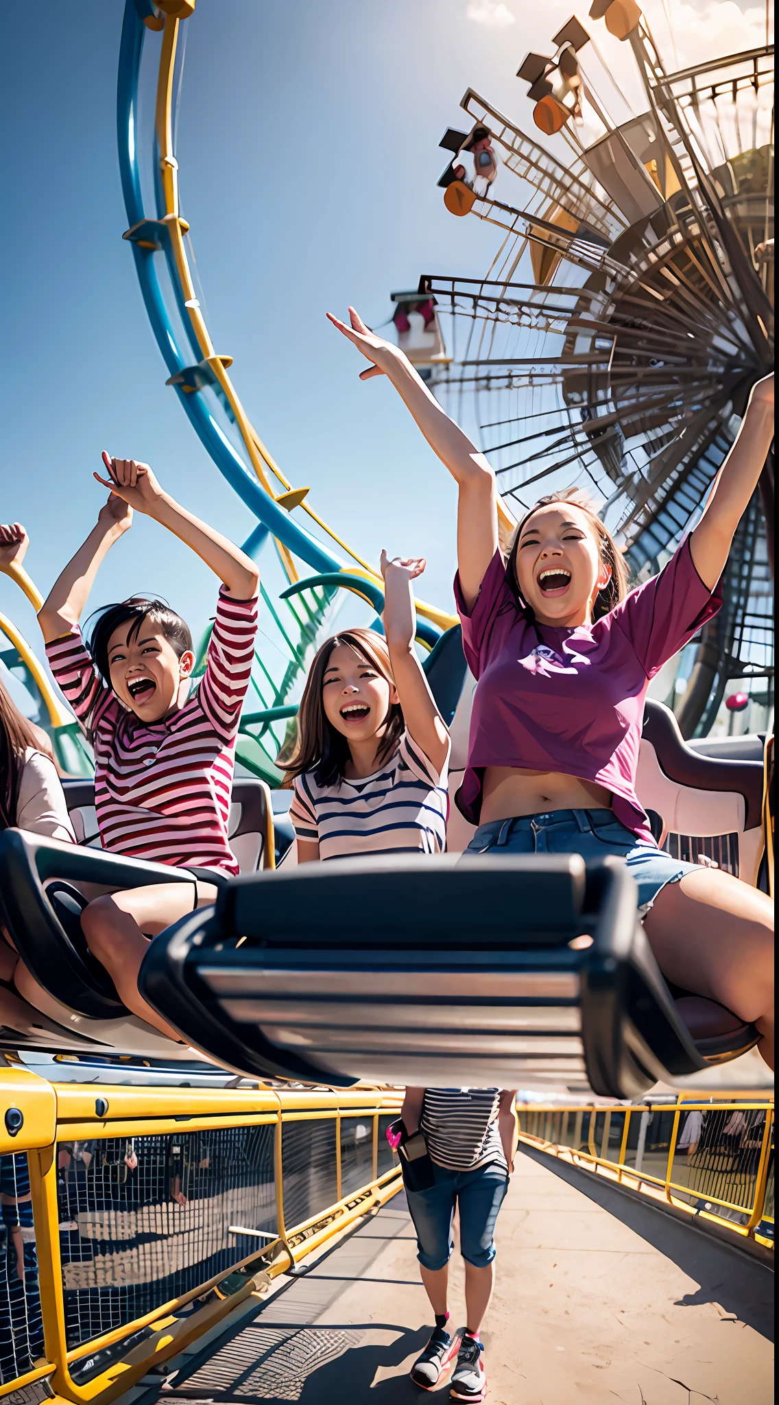 A dozen friends play roller coaster at a large amusement park