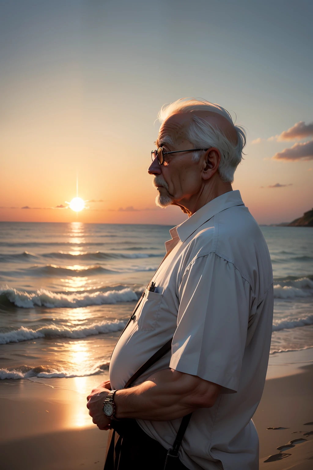 Have by the sea，one old man，Watch the sun set