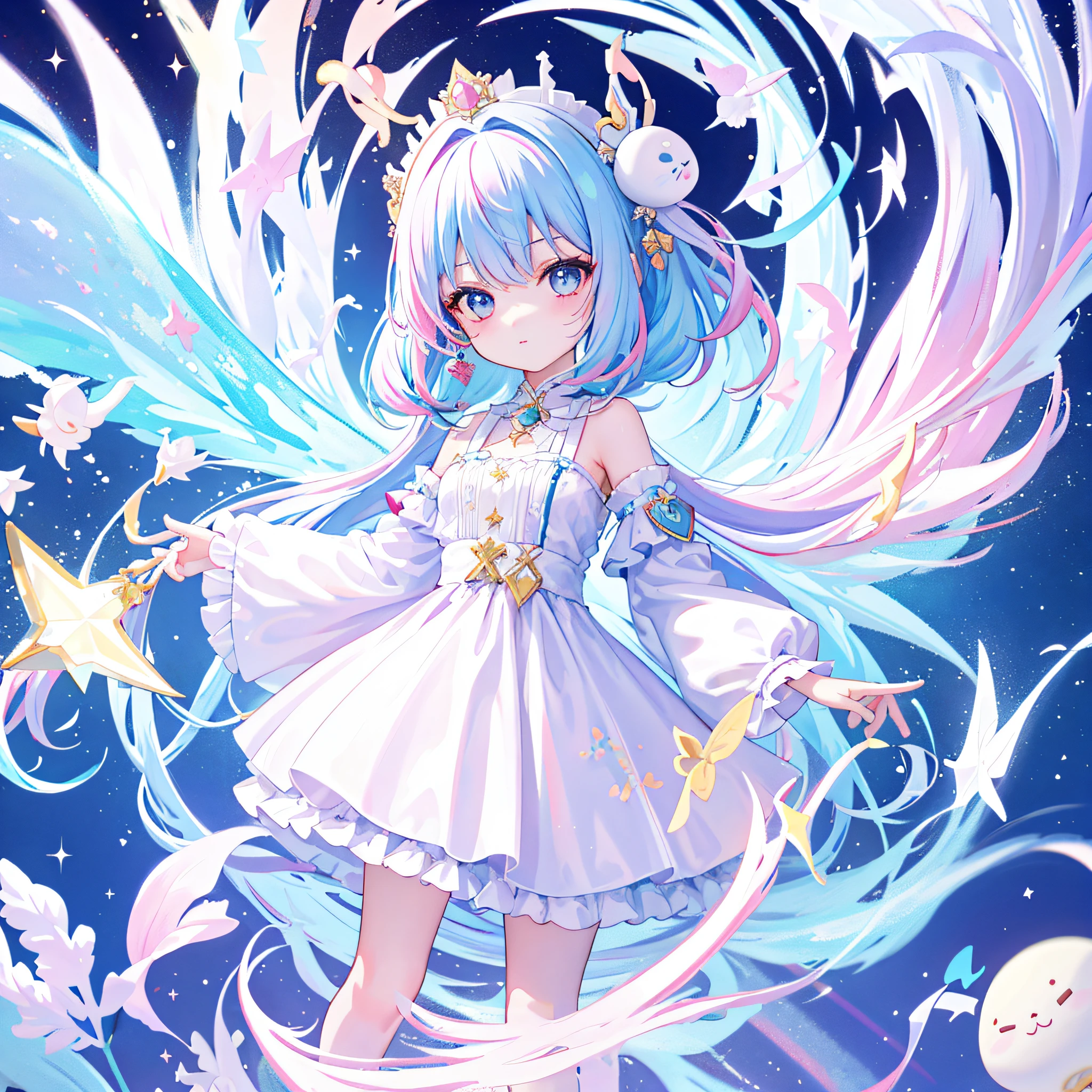 （（a sticker：1.5）））， （（Chibi Character））， （white backgrounid）， fluffly， girl with， Sorcerer's costume，  full body Esbian， Pastel Hair， Pastel colors hair， fairytale，  T-shirt design， tmasterpiece， best qualtiy，Shining eyes