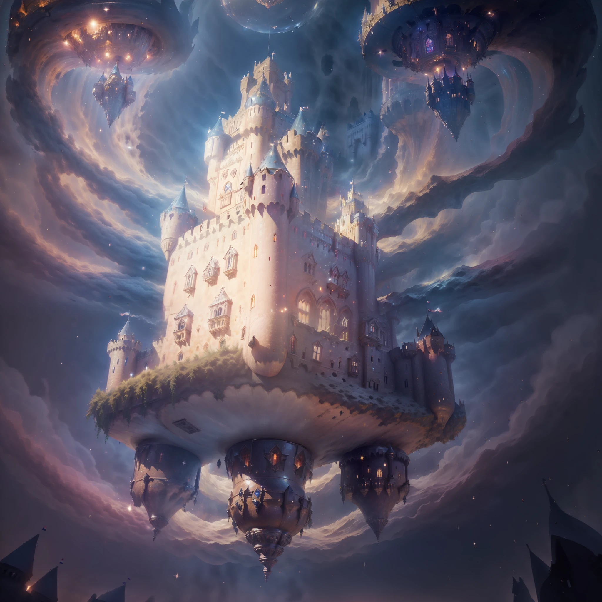 (A castle suspended in the air:1.5)，levitating，（Skysky、borgar、fanciful、starrysky、suns、themoon、galactic），Amazing plant growth，extremy detailed，realistic raytraicing，Epic composition，（complexdetails），（Complex design，hyper-detailing：1.2），art  stations，（tmasterpiece，best qualtiy），hyper HD，32k，(A castle suspended in the air:1.5)，levitating