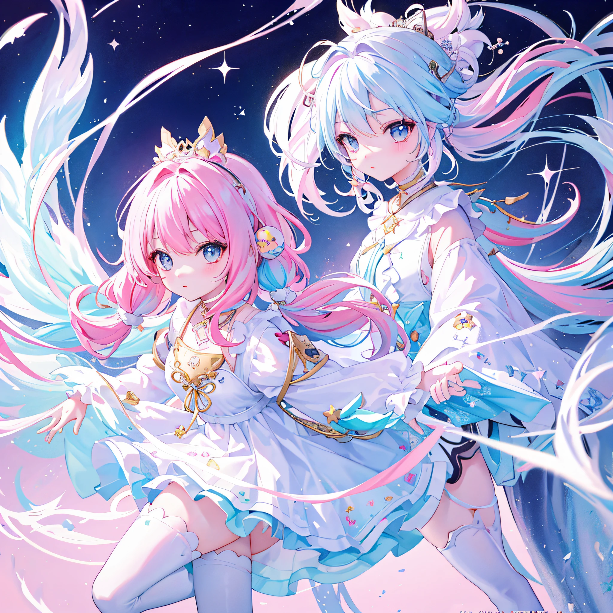 （（a sticker：1.5）））， （（Chibi Character））， （white backgrounid）， fluffly， girl with， Sorcerer's costume，  full body Esbian， Pastel Hair， Pastel colors hair， fairytale，  T-shirt design， tmasterpiece， best qualtiy，Shining eyes