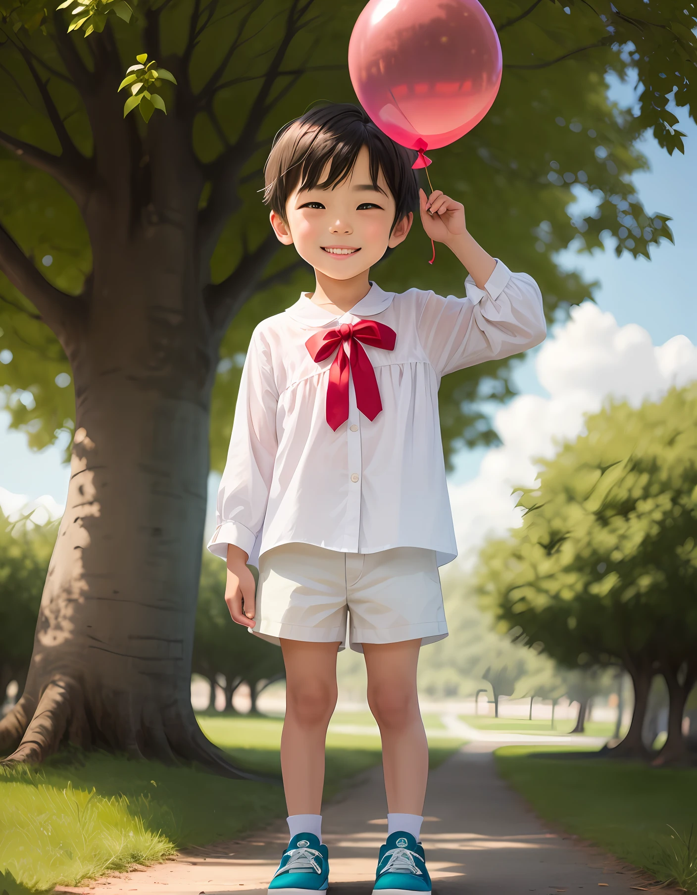 A  wearing a face-to-face blouse, white shorts, holding a red balloon, and standing under a large green tree with a smile