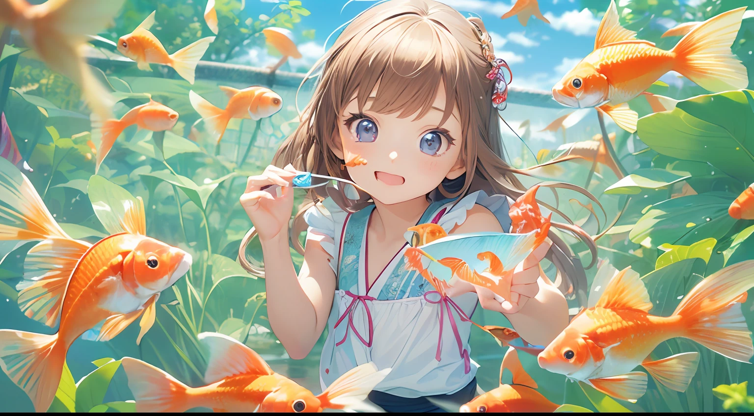 (masutepiece:1.2),(Best Quality:1.1),(Ultra-detailed:1.1),(Realistic:1.2),(Colorful:1.2),(Young girls:1.3),(Japanese:1.1),(Clothing samples:1.1),(Girls playing with goldfish scoop:1.3),(Colorful contact lenses:1.2),(FULL BODYSHOT:1.2),(Summer:1.1)