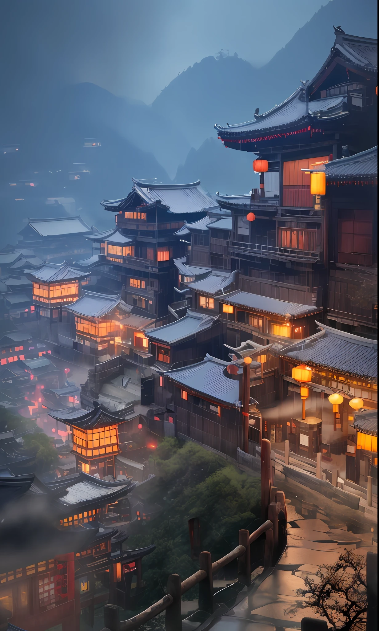 arafed view of a village with a lot of lights on the buildings, dreamy chinese town, chinese village, amazing wallpaper, japanese town, japanese village, hyper realistic photo of a town, old asian village, japanese city, by Raymond Han, rainy evening, cyberpunk chinese ancient castle, beautifully lit buildings, at evening during rain, beautiful and aesthetic, photography, cinematic, 8k, high detailed ((Heavy rain)))