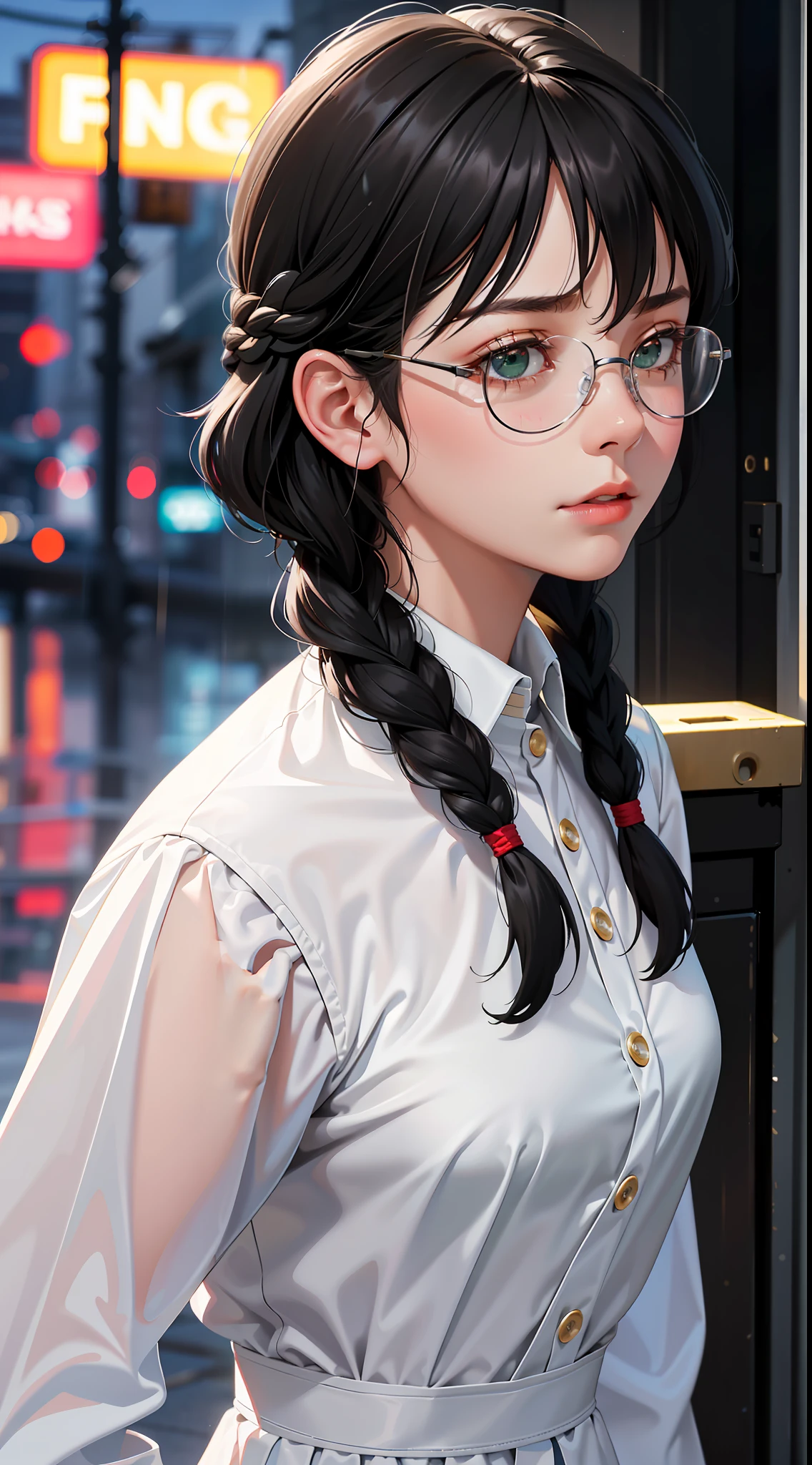 Maximum face detail,Remote view,((long hairstyle braid : 1.5)),(haughty face : 1.5),(Clear expression of emotions:1.4),Beautiful delicate face with details, Beautiful delicate eyes with details, Perfect face proportions, Highly fine surface, finely detailed skin, The best ratio of four fingers to one thumb.,master-piece,high-detail, lifelike,(Wear a white lab coat.: 1.8),scholar,Maximum face resolution,mature adult,(Black Hair,Short Black Hairstyle,Best pigtails,Wear red glasses.,Dark green eyes),Future World,science fiction,(Stand in the alleys of a high-tech city.:1.8,Ridiculous rain sky),Profoundly intelligent personality