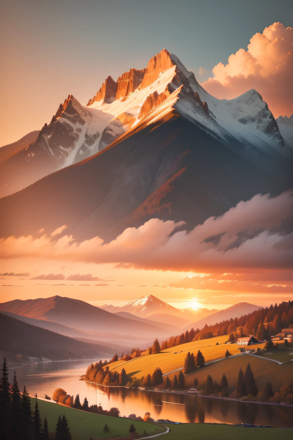 Create a vintage oil painting that captures the essence of a classic landscape. Imagine a serene countryside view with rolling hills, lush green fields, and a quaint little farmhouse nestled in the distance. Add majestic mountains rising on the horizon, their peaks dusted with snow. In the foreground, depict a tranquil lake reflecting the colors of the setting sun. The sky should be painted with warm hues of orange, pink, and golden, while fluffy clouds add a touch of drama. Use soft brushstrokes and a warm color palette to evoke a sense of nostalgia and tranquility."