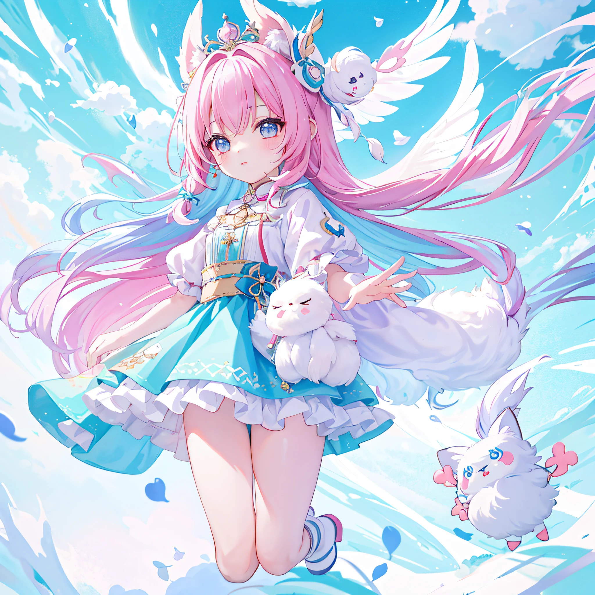 ((a sticker:1.5))), ((Chibi Character)), (white backgrounid), fluffly, girl with, Sorcerer's costume, full body Esbian, Pastel Hair, Pastel colors hair, fairytale, T-shirt design, tmasterpiece, best qualtiy,Shining eyes、cute little!!Chibi!!!,