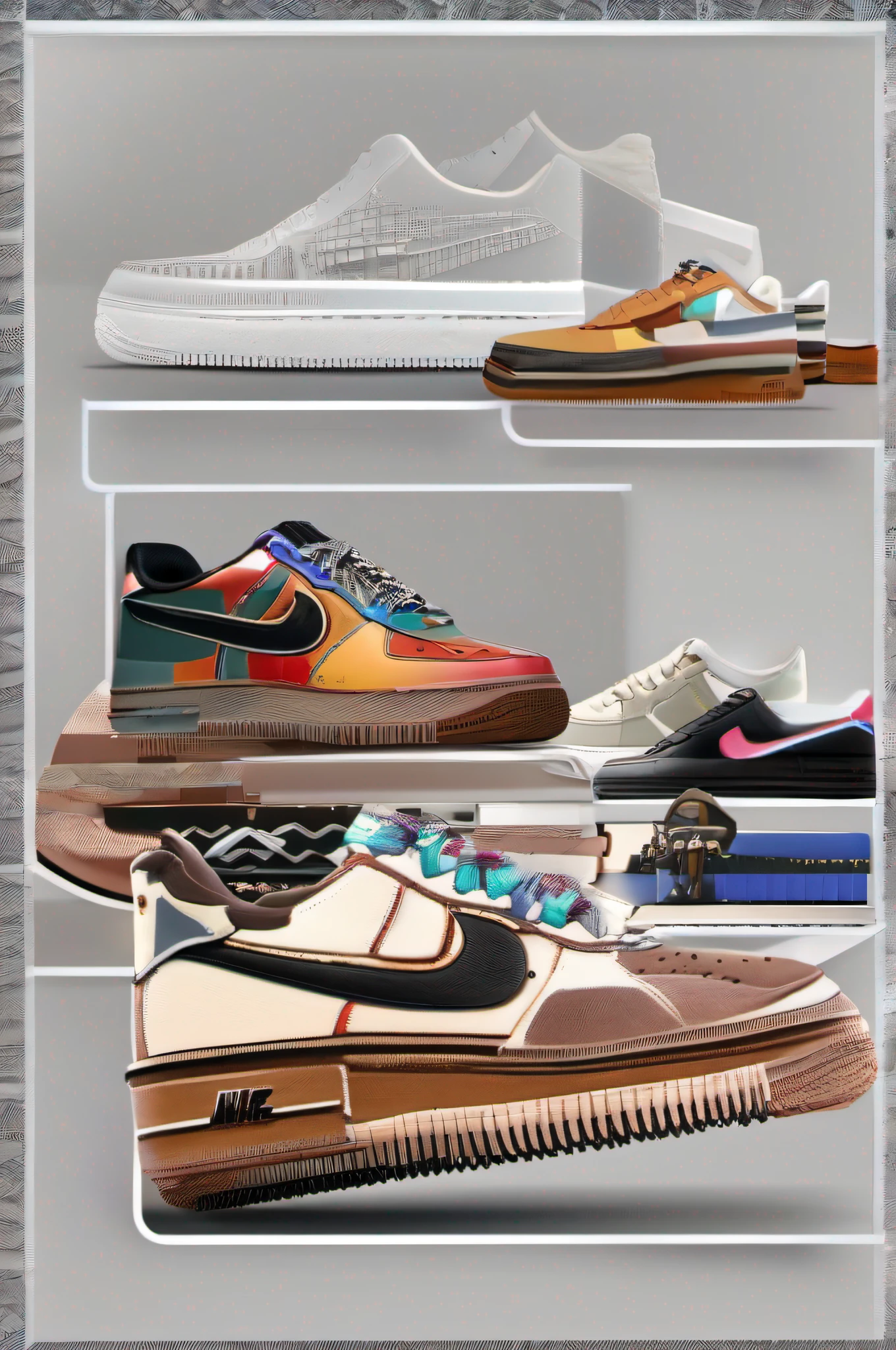 Nike Air Force One low-gang,NIKE airforce1 low,White undertone,Series,Low preservation and chromaticity,Black and white,Black gray,Black-brown,Product display diagram,Self-restraint,Popular in 2023,Creative laces,SMD process,Collage,Multi-material fusion of parts,hyperdetailed illustration,Pop elements,Color scheme,A detailed illustration,Luxury elements,White background image,INS wind,stylised