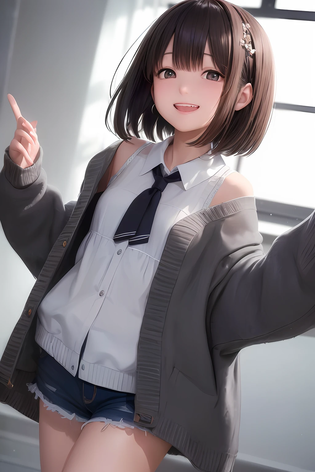(Highly detailed CG Unity 8K wallpapers、​masterpiece、top-quality、The ultra-detailliert)、(extremely delicate and beautiful)、(dynamic ungle、portlate)、(Brown hair)、(Away from the shoulders)、美丽的面容、de pele branca、depth of fields、radiant lips、vivd colour。embarrassed from、short-cut、straight haired、cardigan、(laught)、(eyes gentle)、Happiness、(grey  eyes)、Dazzling smile、(Oversize)、Crumpled smile、Hands in the mouth、Bright background、