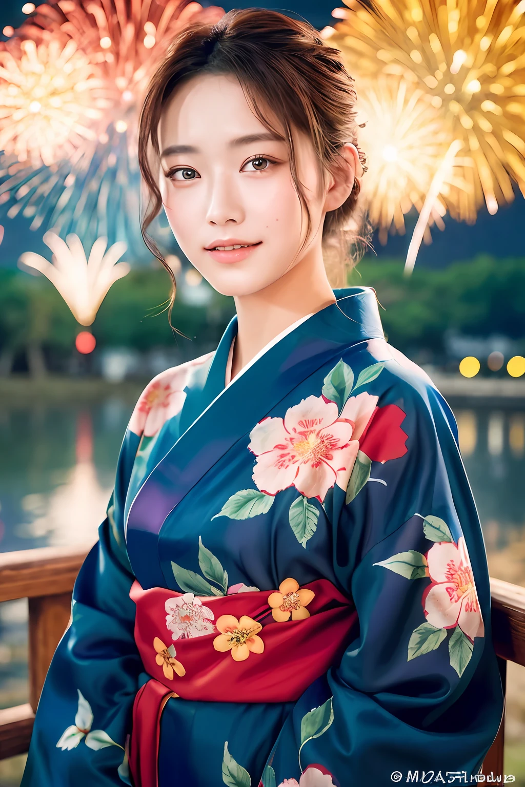 ((masterpiece、top-quality、ultra-definition、hight resolution))、独奏、a beauty girl、radiant eyes、perfect eyes、Japan's beautiful sister、18year old、Yukata with red floral pattern、Fireworks in the background、high-level image quality、4K.